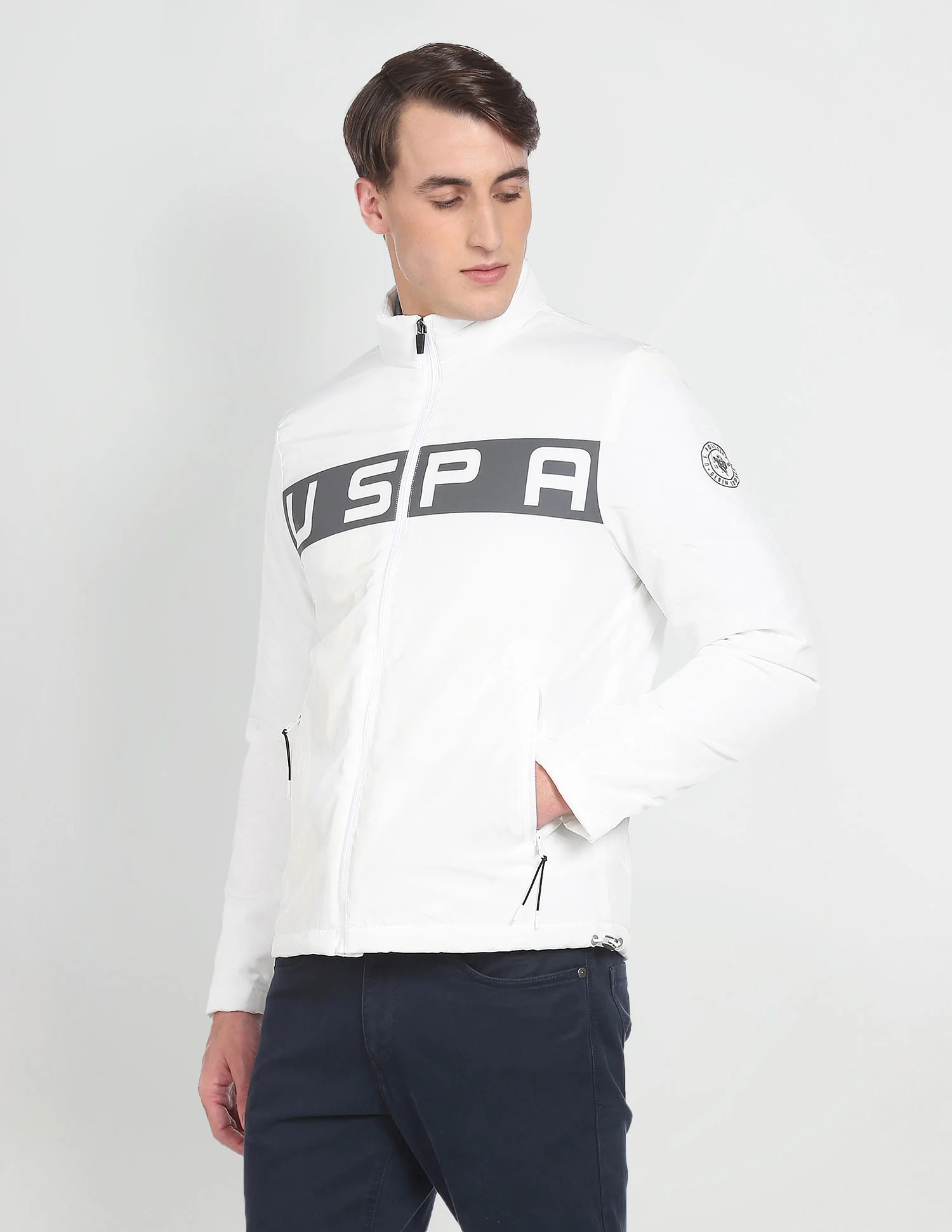 High Neck Brand Print Polyester Casual Jacket