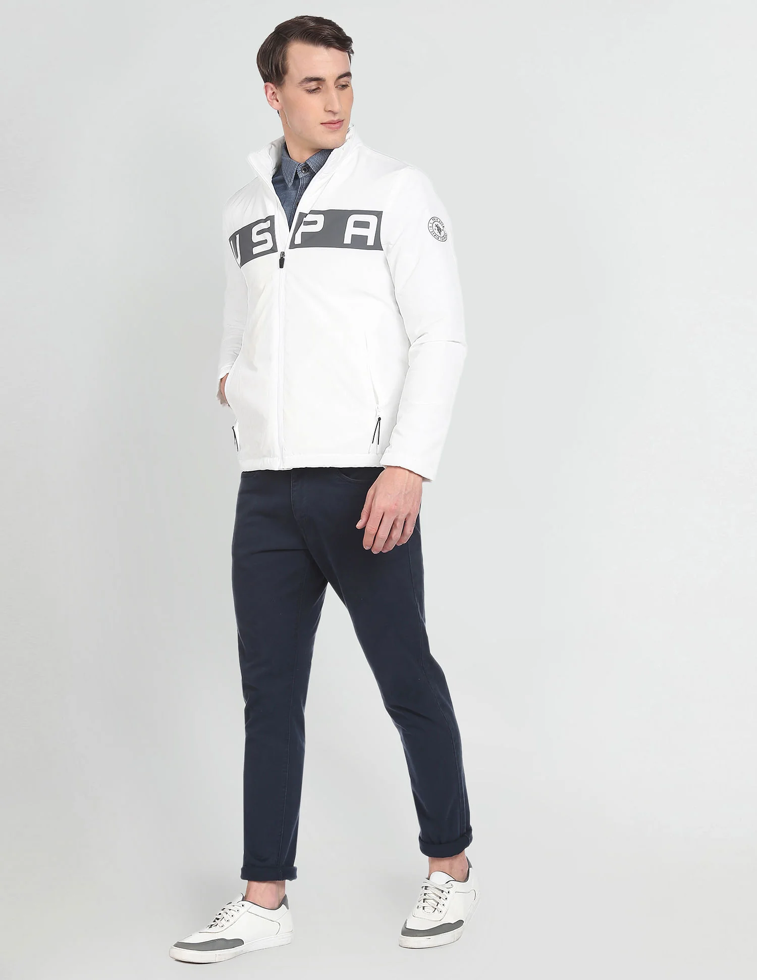 High Neck Brand Print Polyester Casual Jacket - Image 3