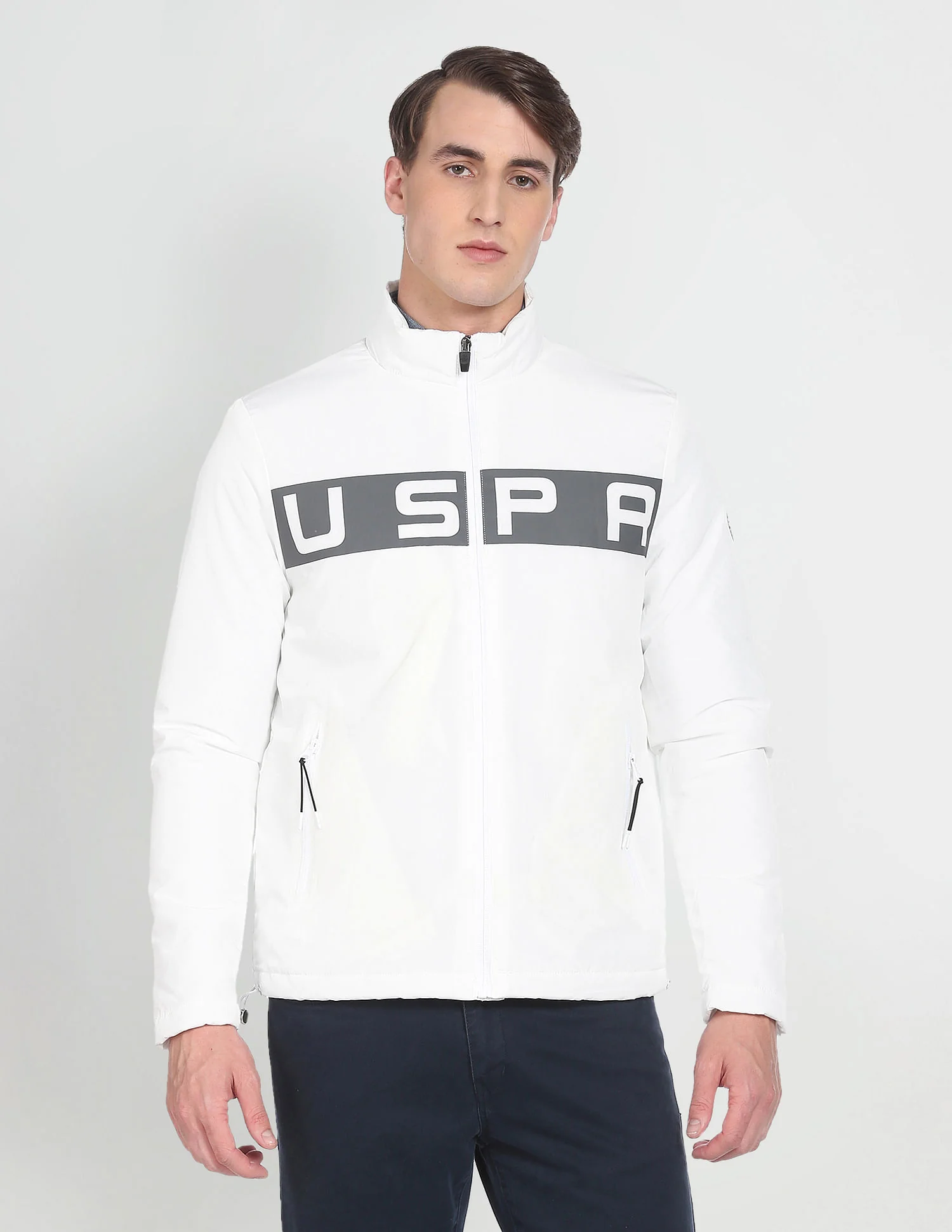High Neck Brand Print Polyester Casual Jacket - Image 5