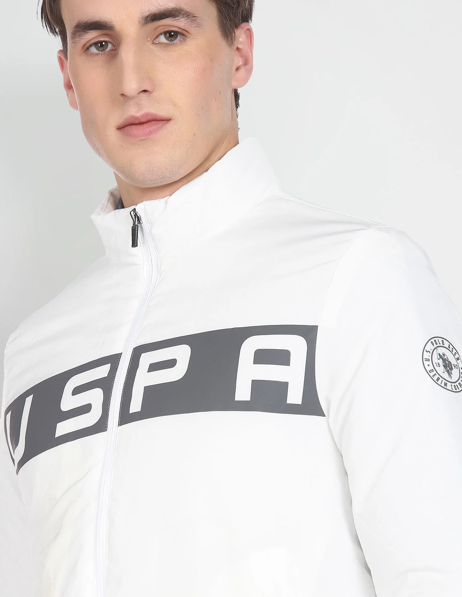 High Neck Brand Print Polyester Casual Jacket - Image 6