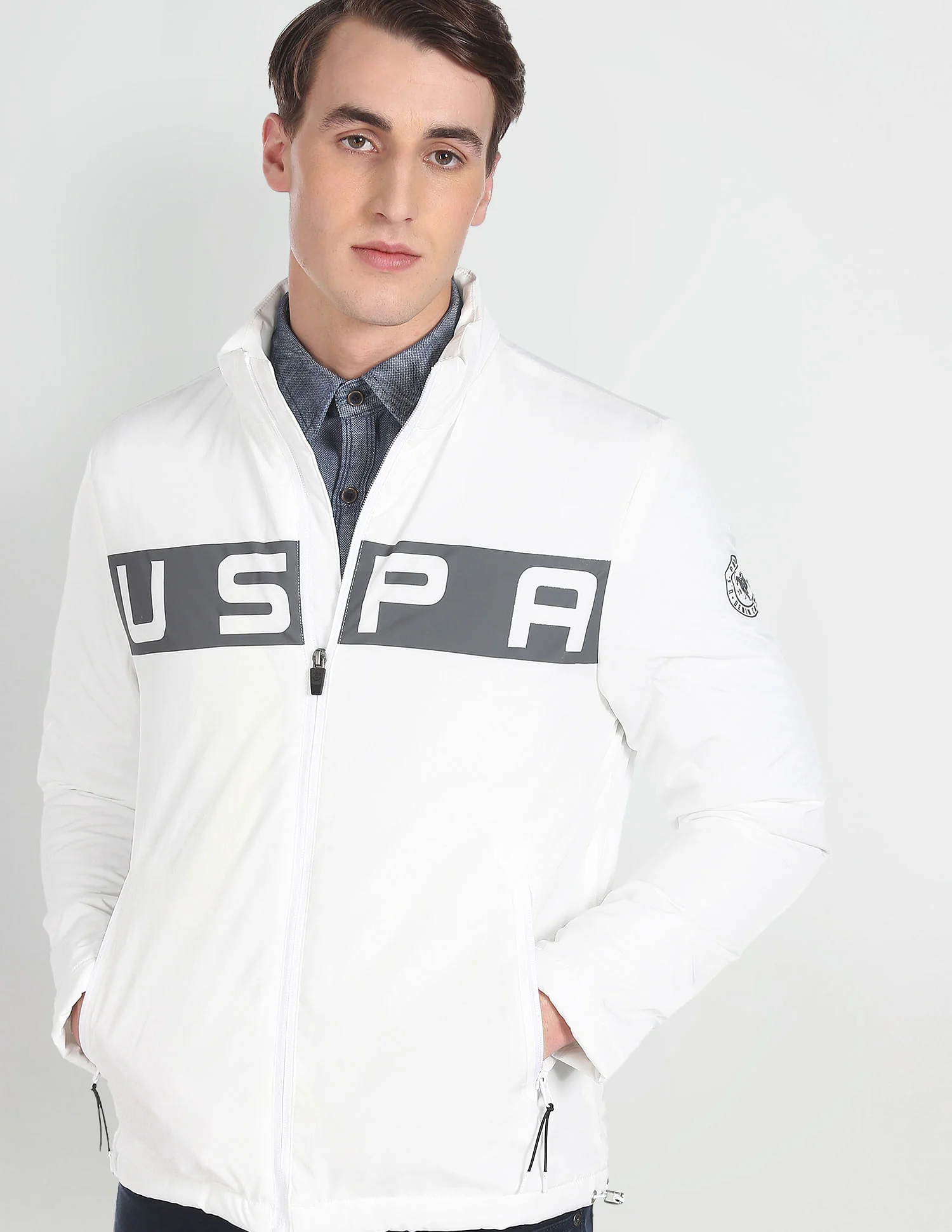 High Neck Brand Print Polyester Casual Jacket - Image 7