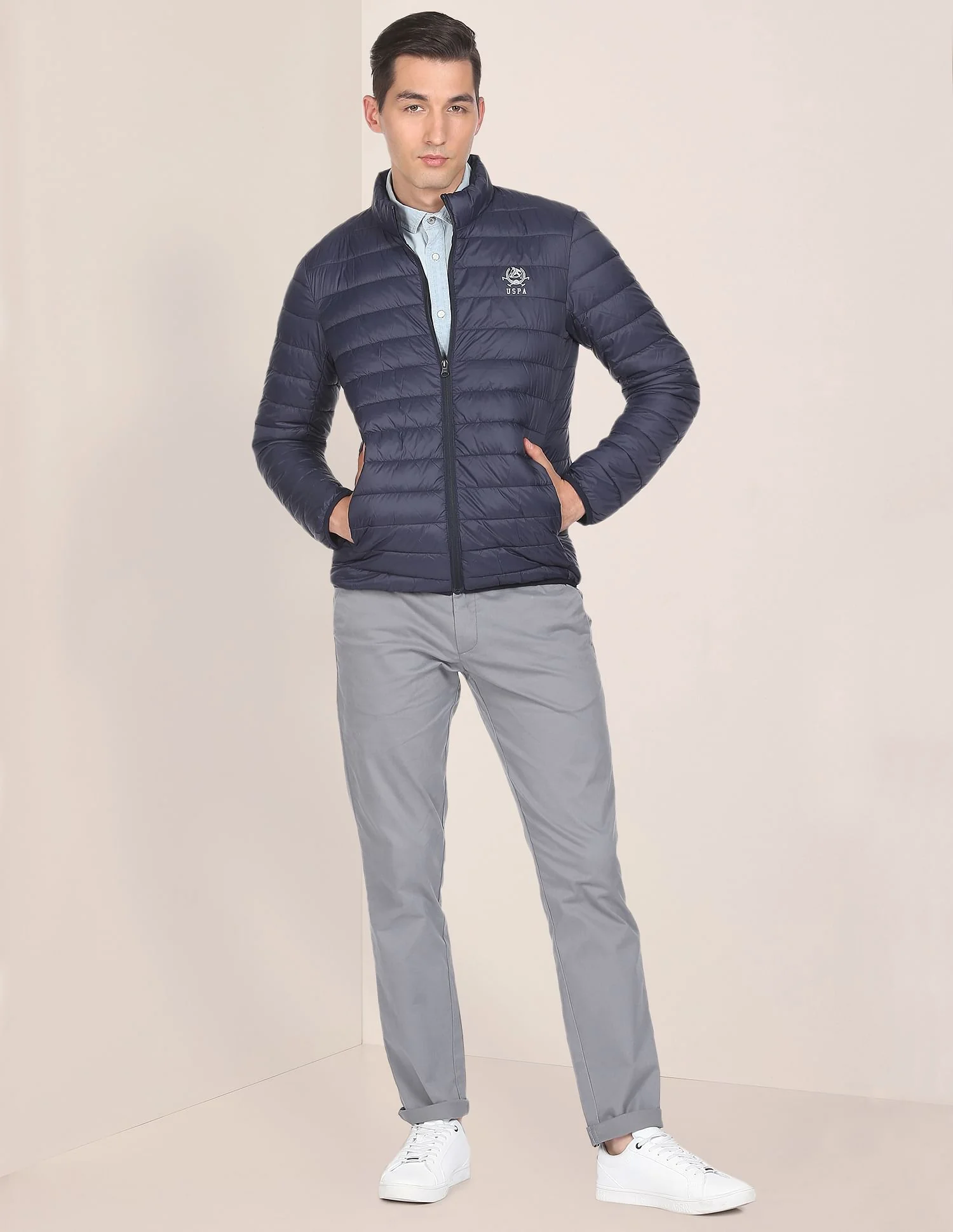 High Neck Nylon Solid Puffer Jacket - Image 3