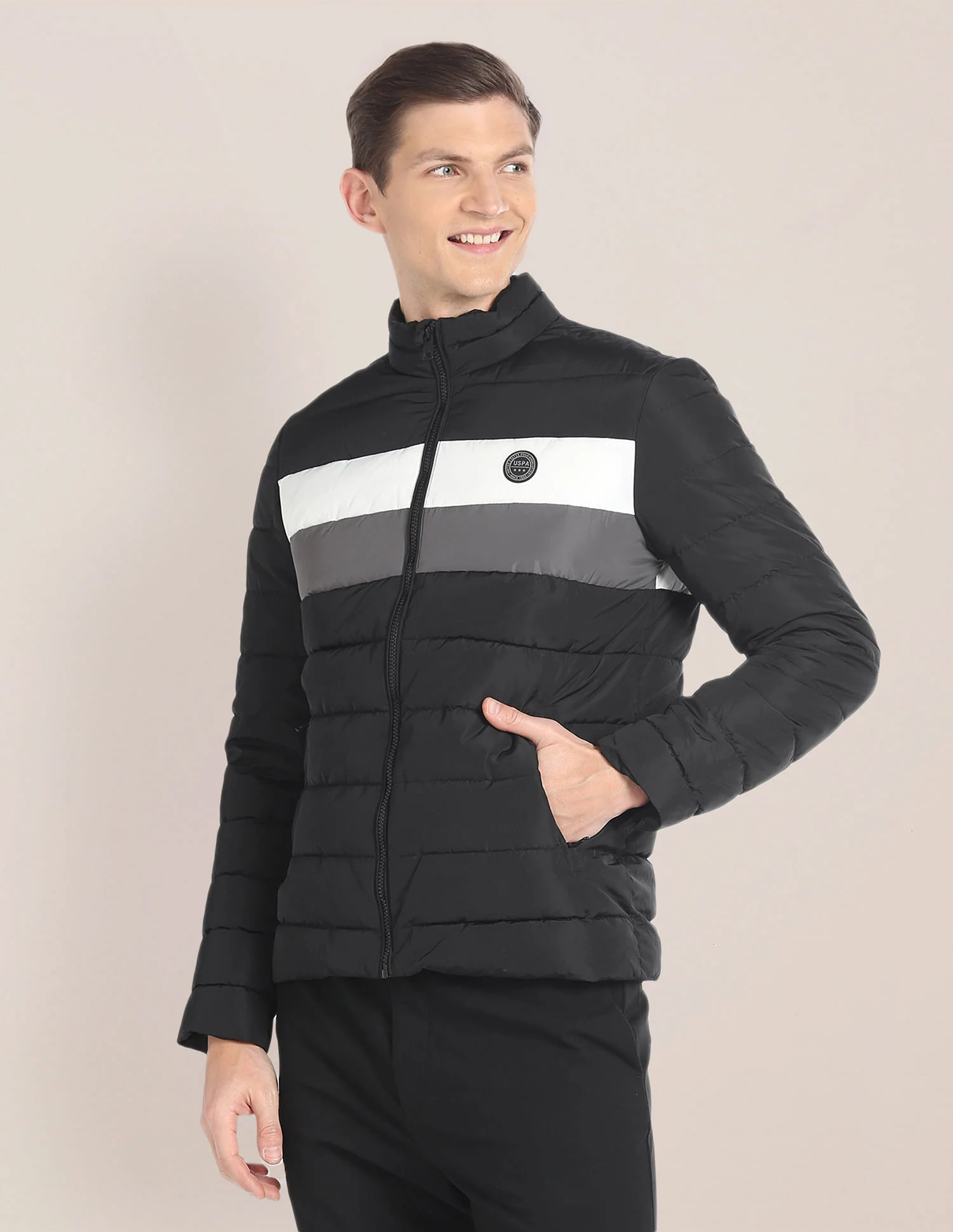 High Neck Striped Puffer Jacket - Image 4