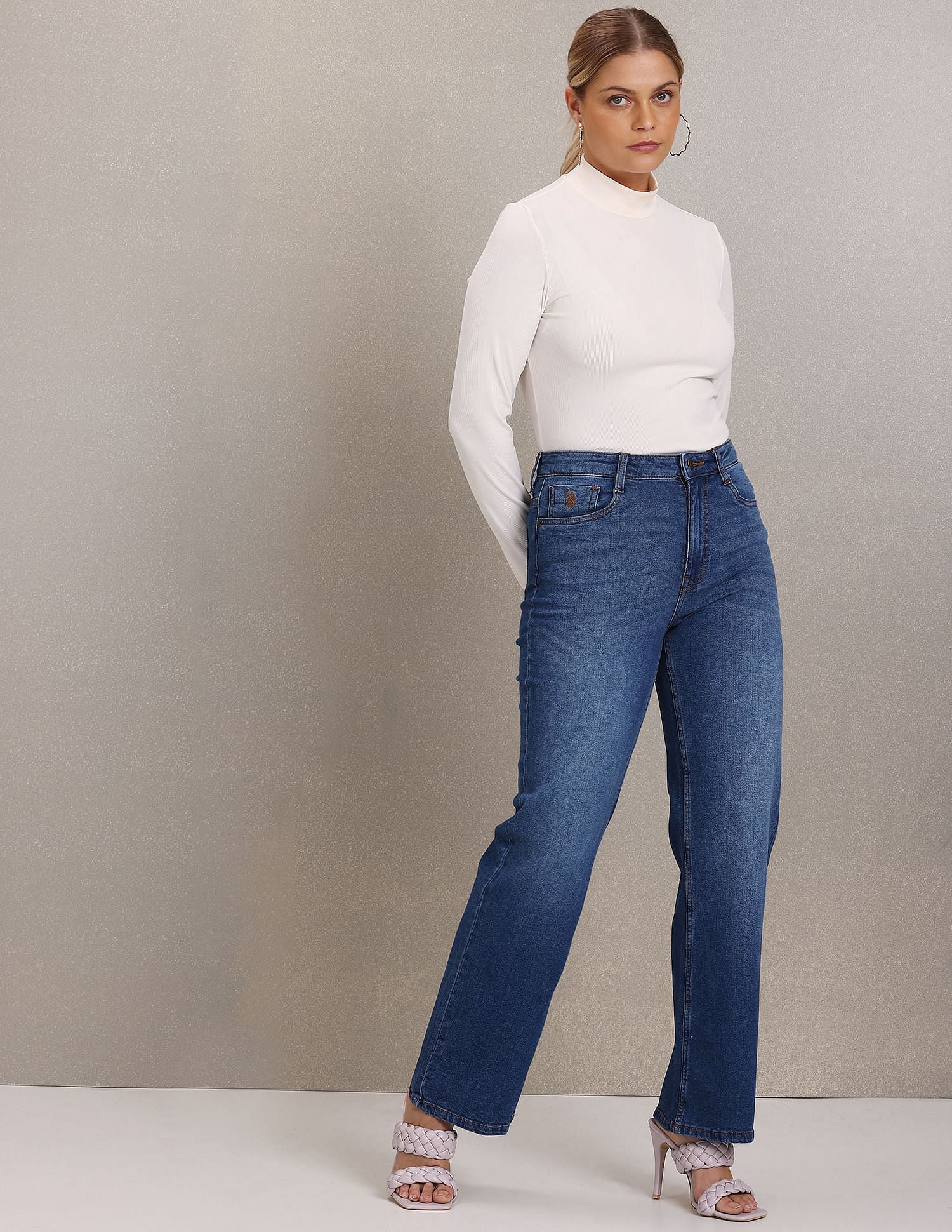 High Rise Stone Wash Flared Jeans - Image 3