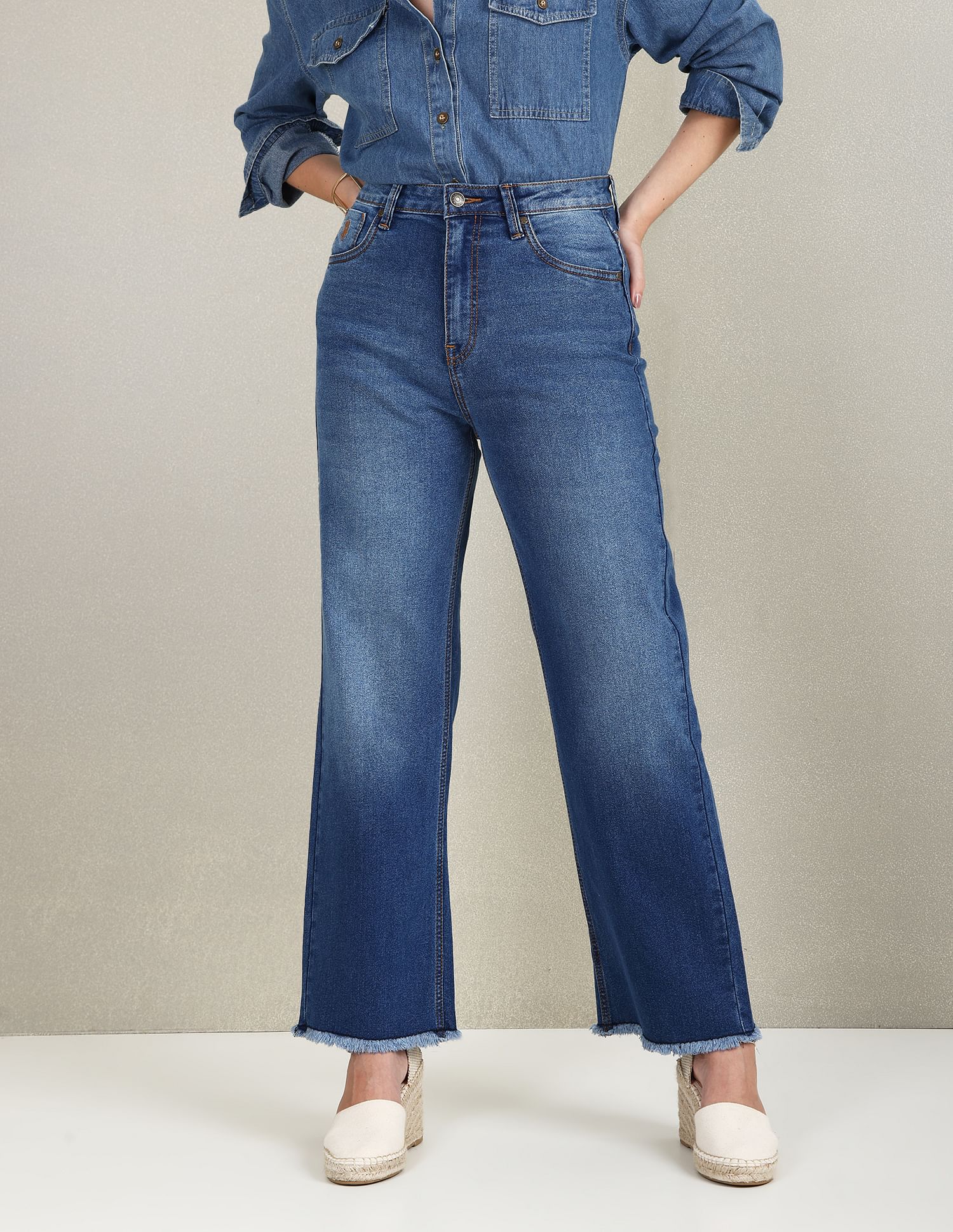 High Rise Wide Leg Whiskered Jeans