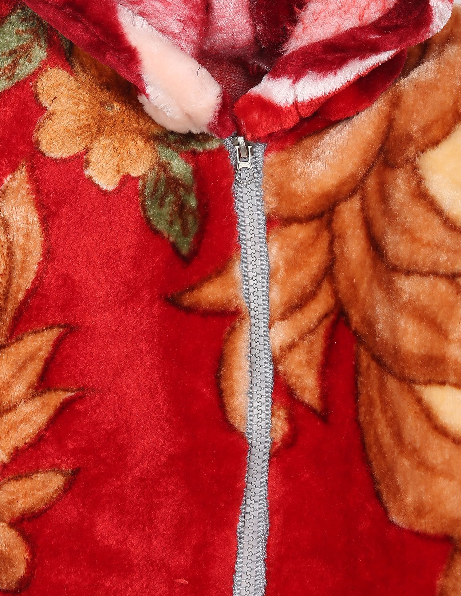 Hooded Floral Faux Fur Zip Up Jacket - Image 3