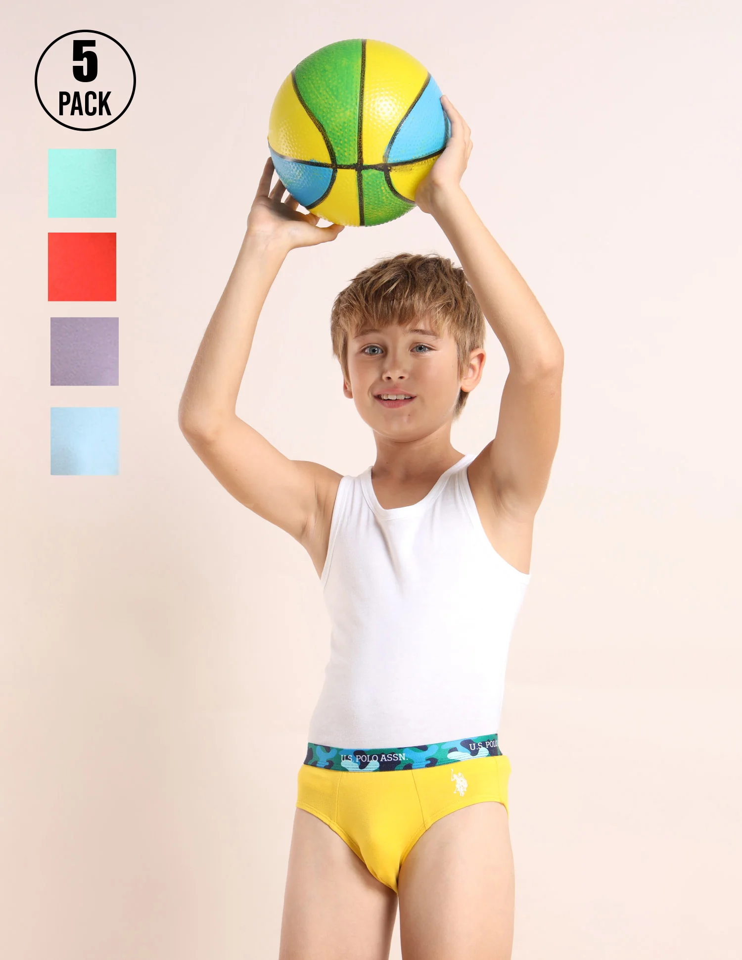 Boys Cotton Spandex Solid Briefs - Pack Of 5
