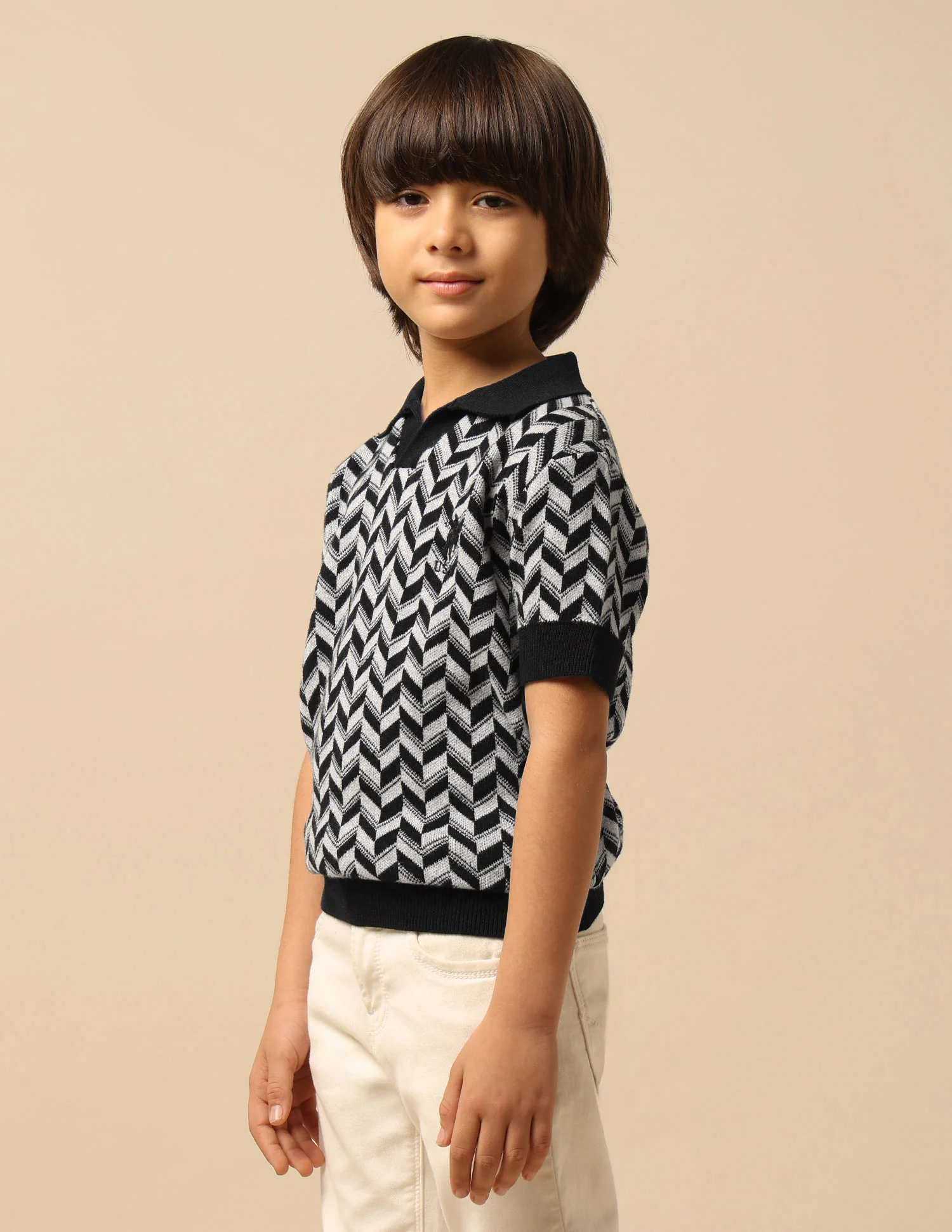 Boys Geometric Patterned Knit Regular Fit Polo Shirt - Image 4