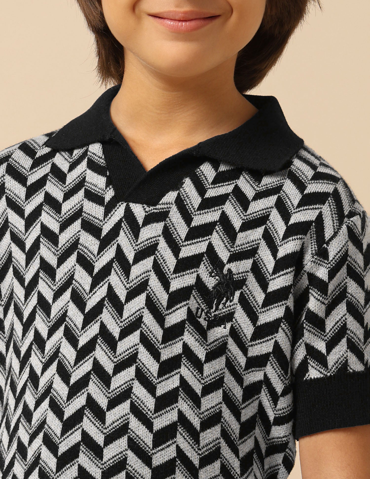 Boys Geometric Patterned Knit Regular Fit Polo Shirt - Image 6