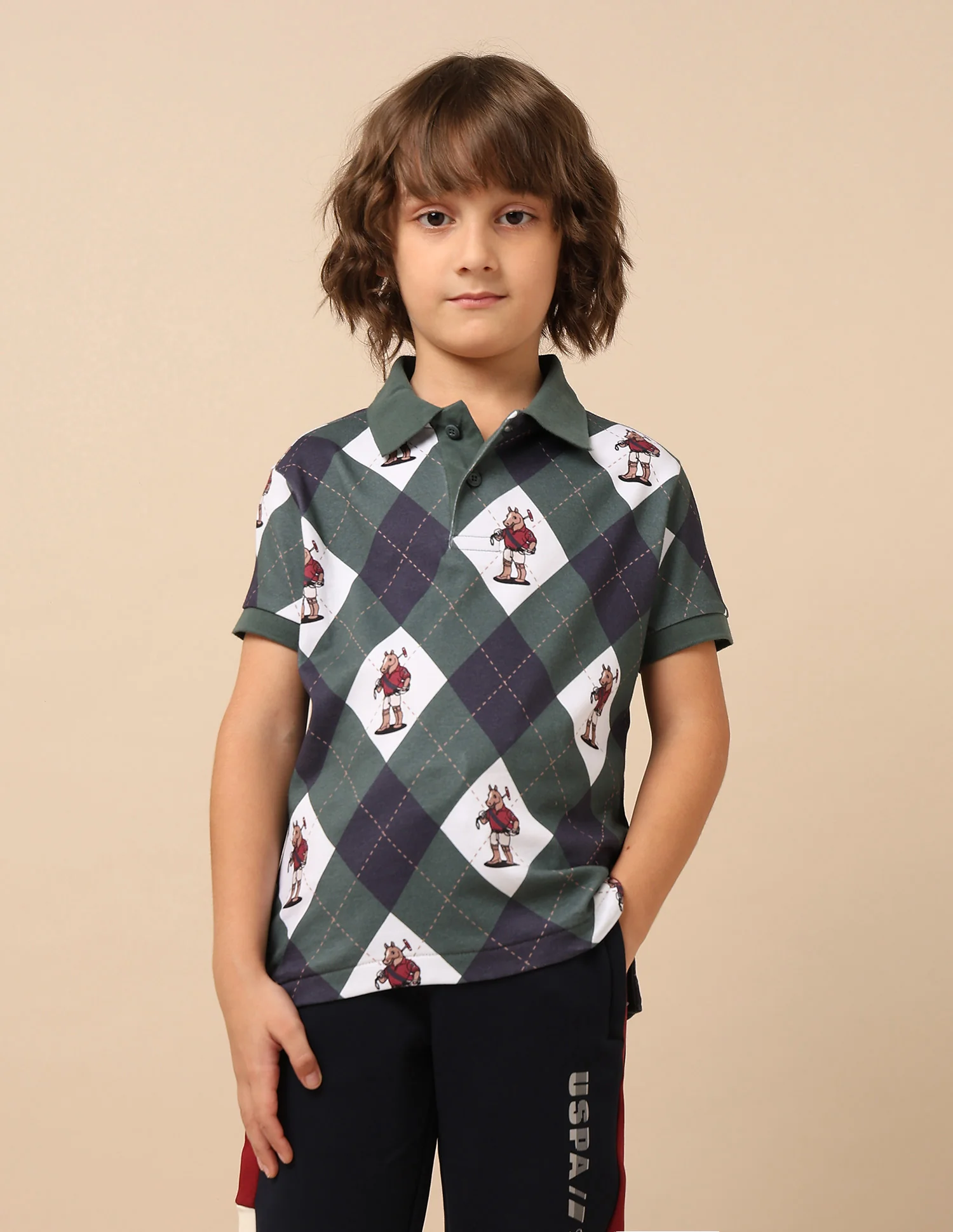 Boys Graphic Argyle Printed Polo Shirt - Image 6