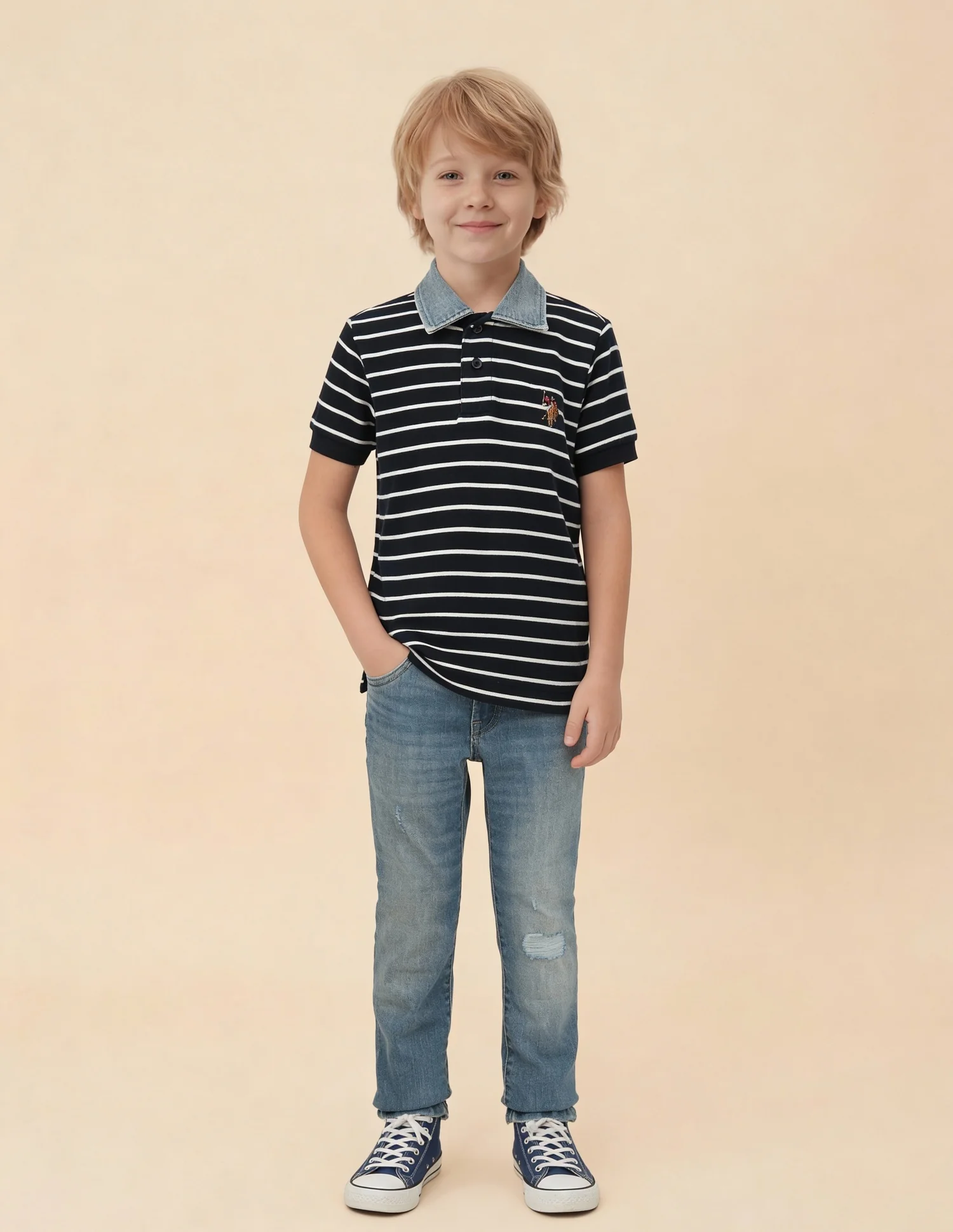 Boys Horizontal Striped Regular Fit Polo Shirt - Image 3