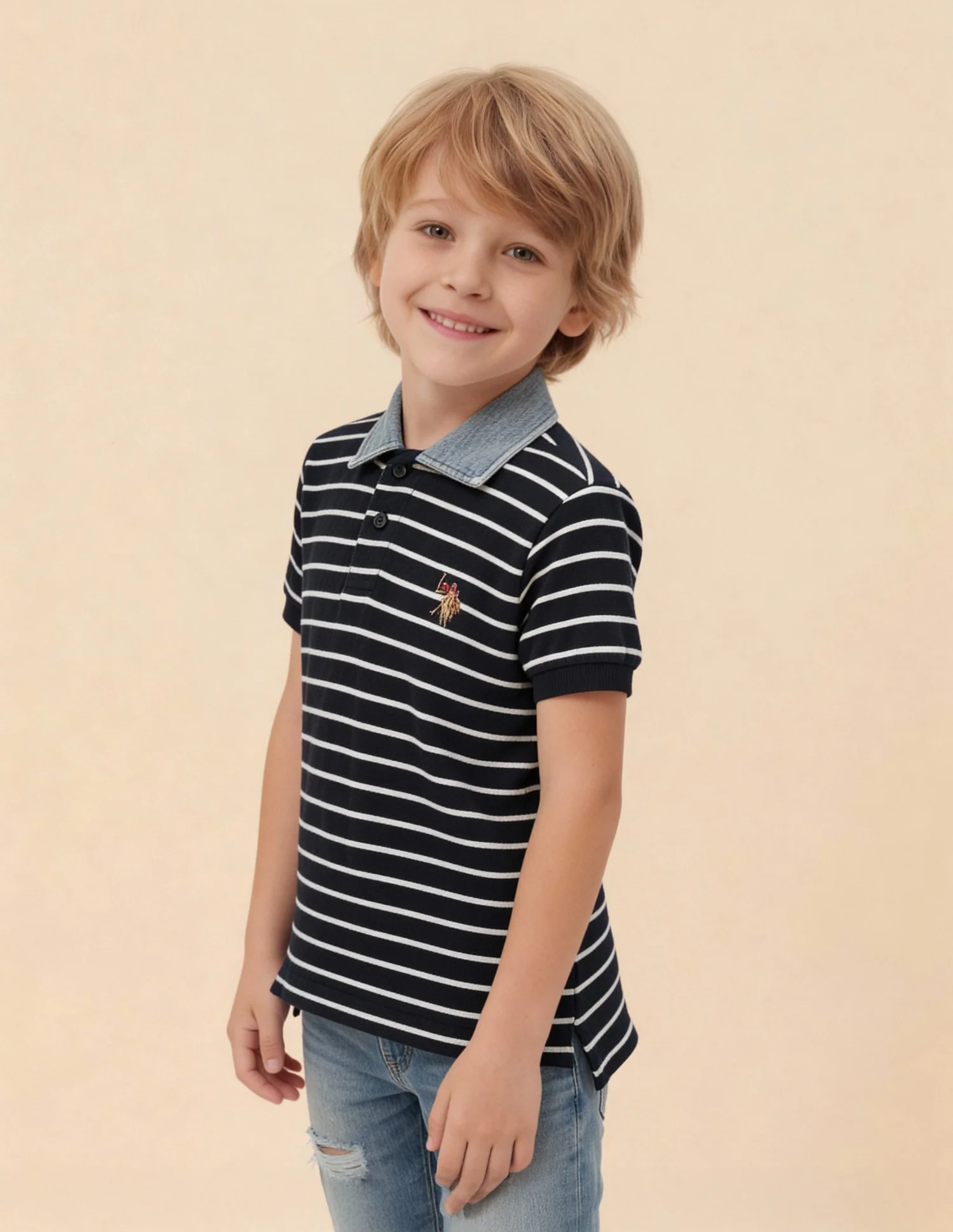 Boys Horizontal Striped Regular Fit Polo Shirt - Image 4