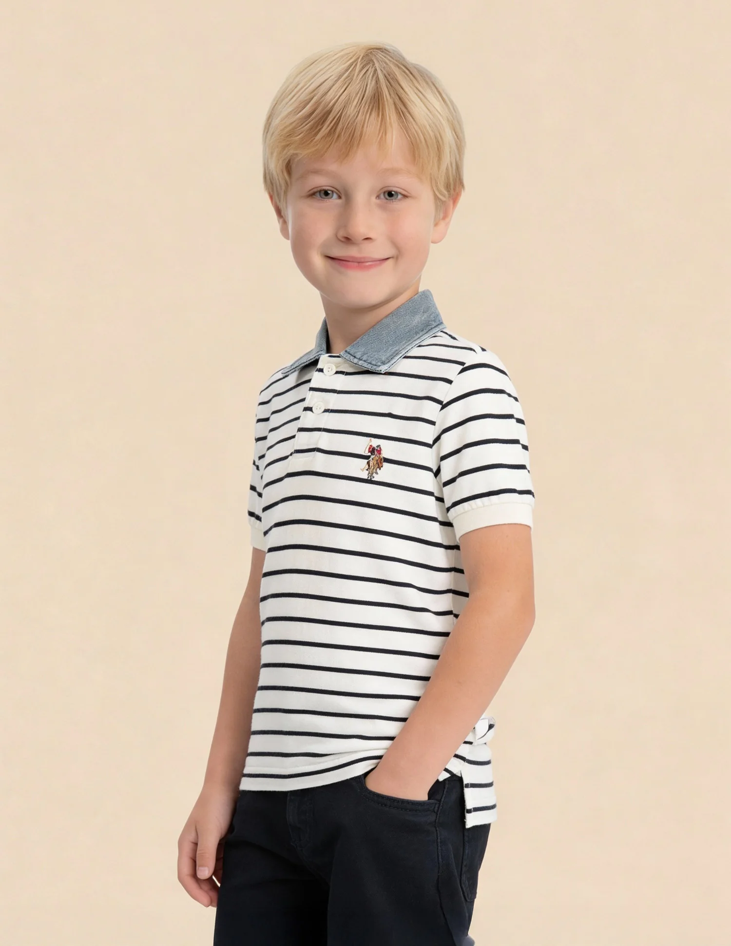 Boys Horizontal Striped Regular Fit Polo Shirt - Image 4