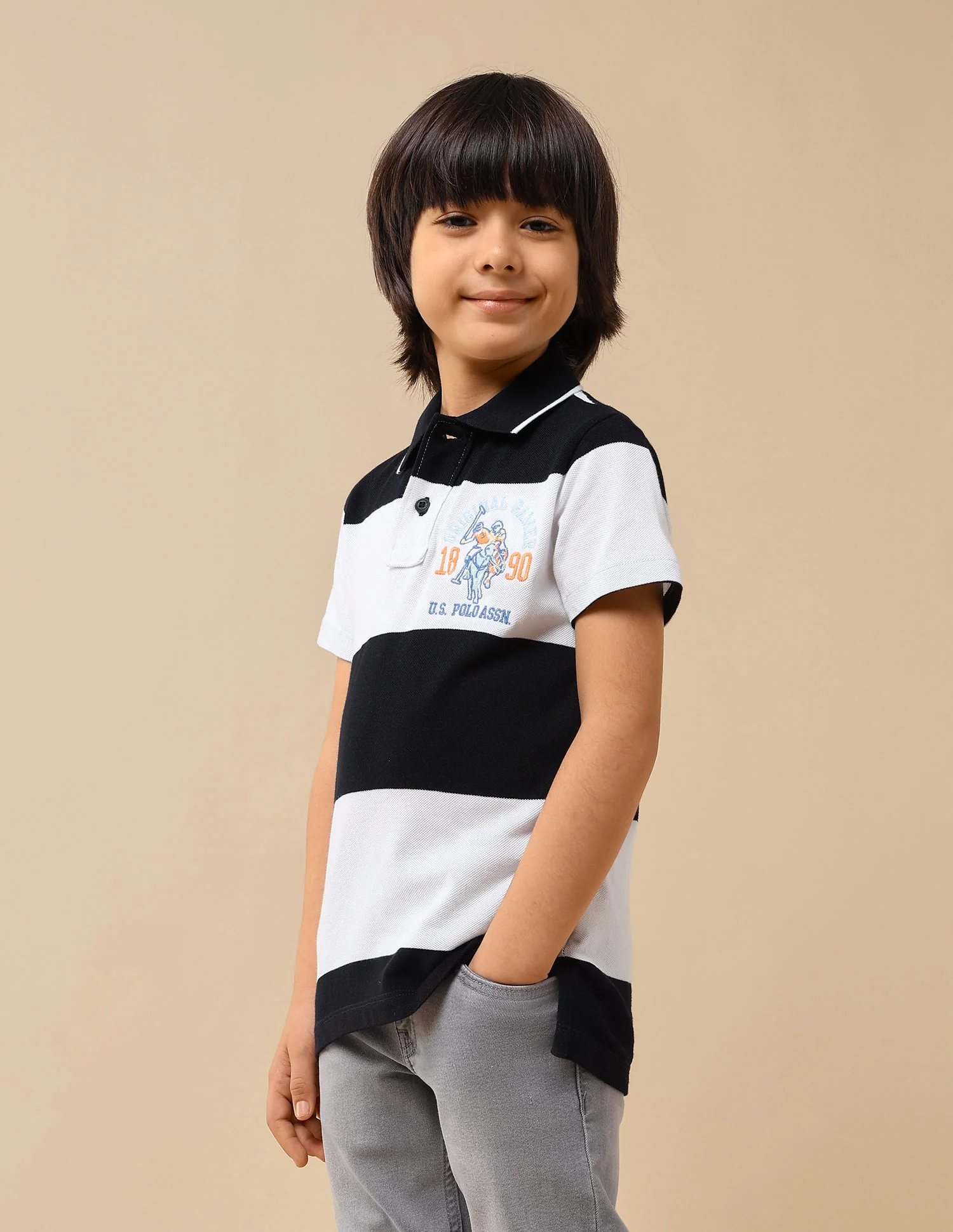 Boys Horizontal Striped Regular Fit Polo Shirt - Image 4