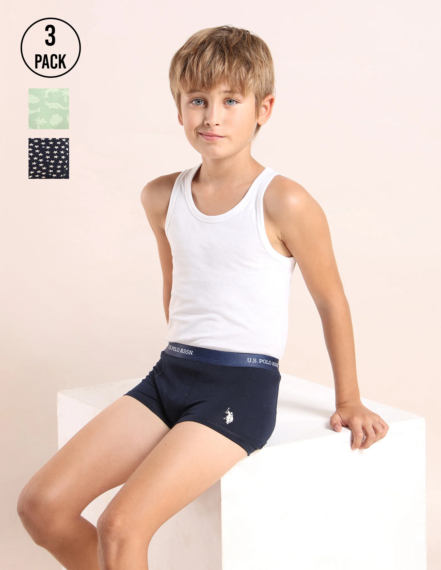 Boys Mid Rise Cotton Spandex Trunks - Pack Of 3