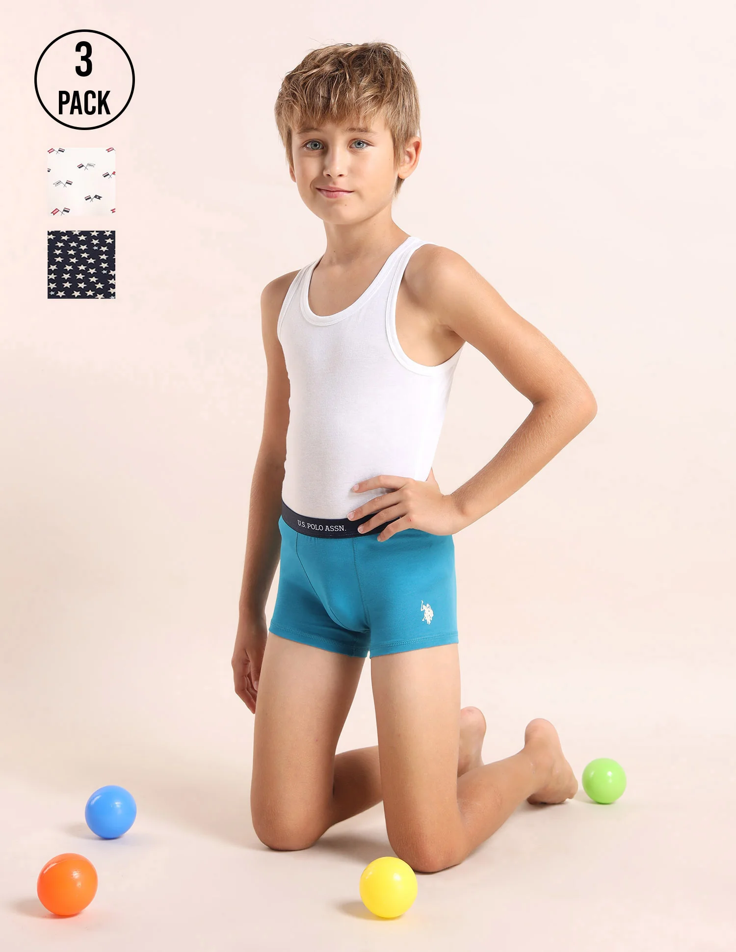 Boys Mid Rise Cotton Spandex Trunks - Pack Of 3