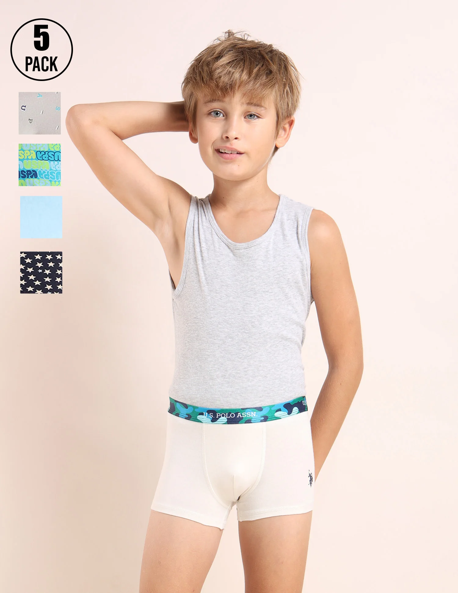 Boys Mid Rise Cotton Spandex Trunks - Pack Of 5