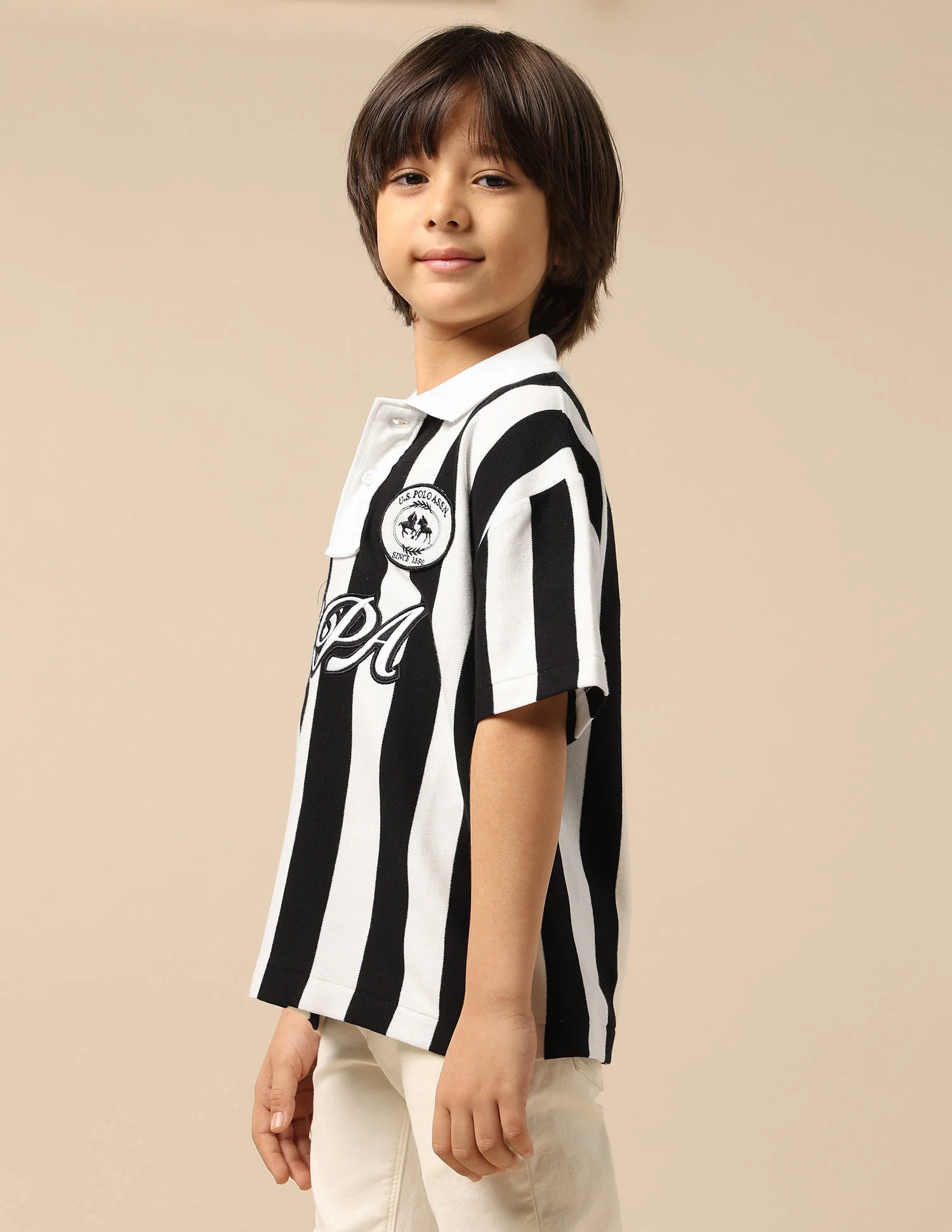 Boys Vertical Striped Boxy Fit Polo Shirt - Image 4