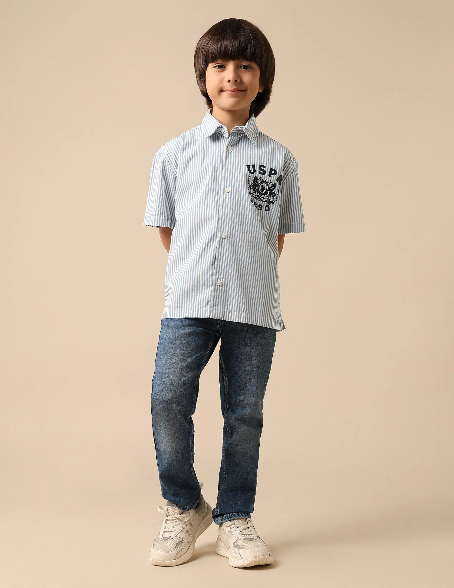 Boys Vertical Striped Brand Printed Pure Cotton Shirt - Image 3