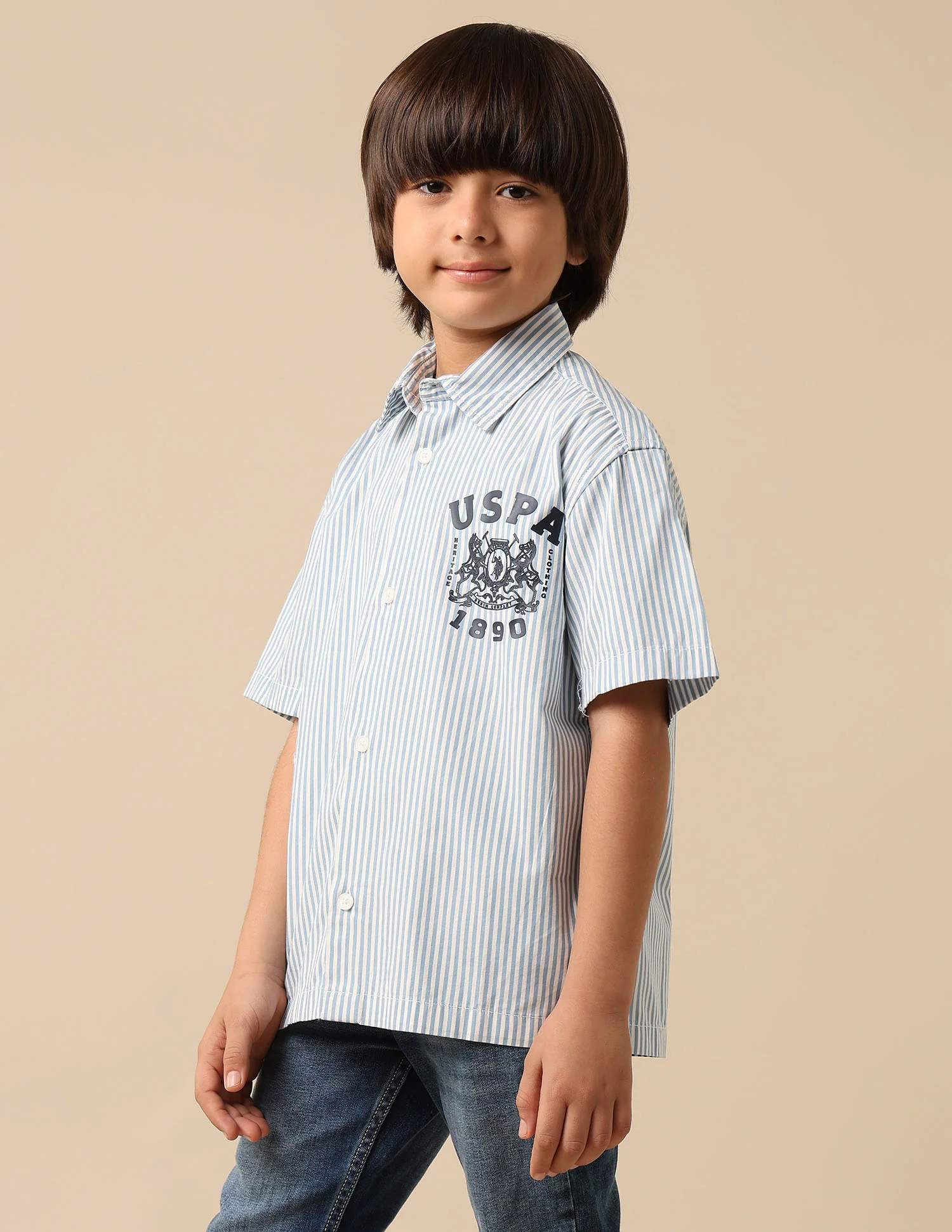Boys Vertical Striped Brand Printed Pure Cotton Shirt - Image 4