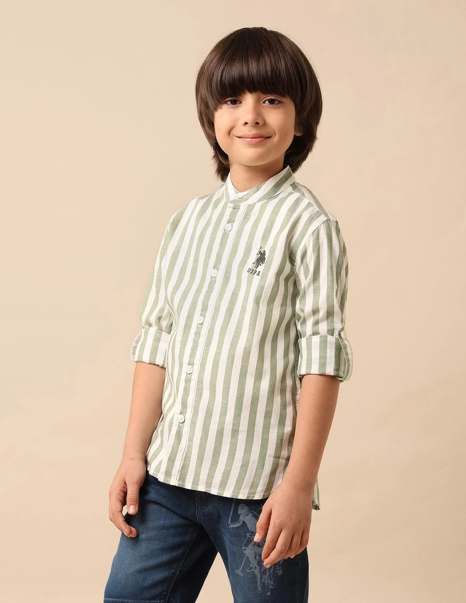 Boys Vertical Striped Mandarin Shirt - Image 4
