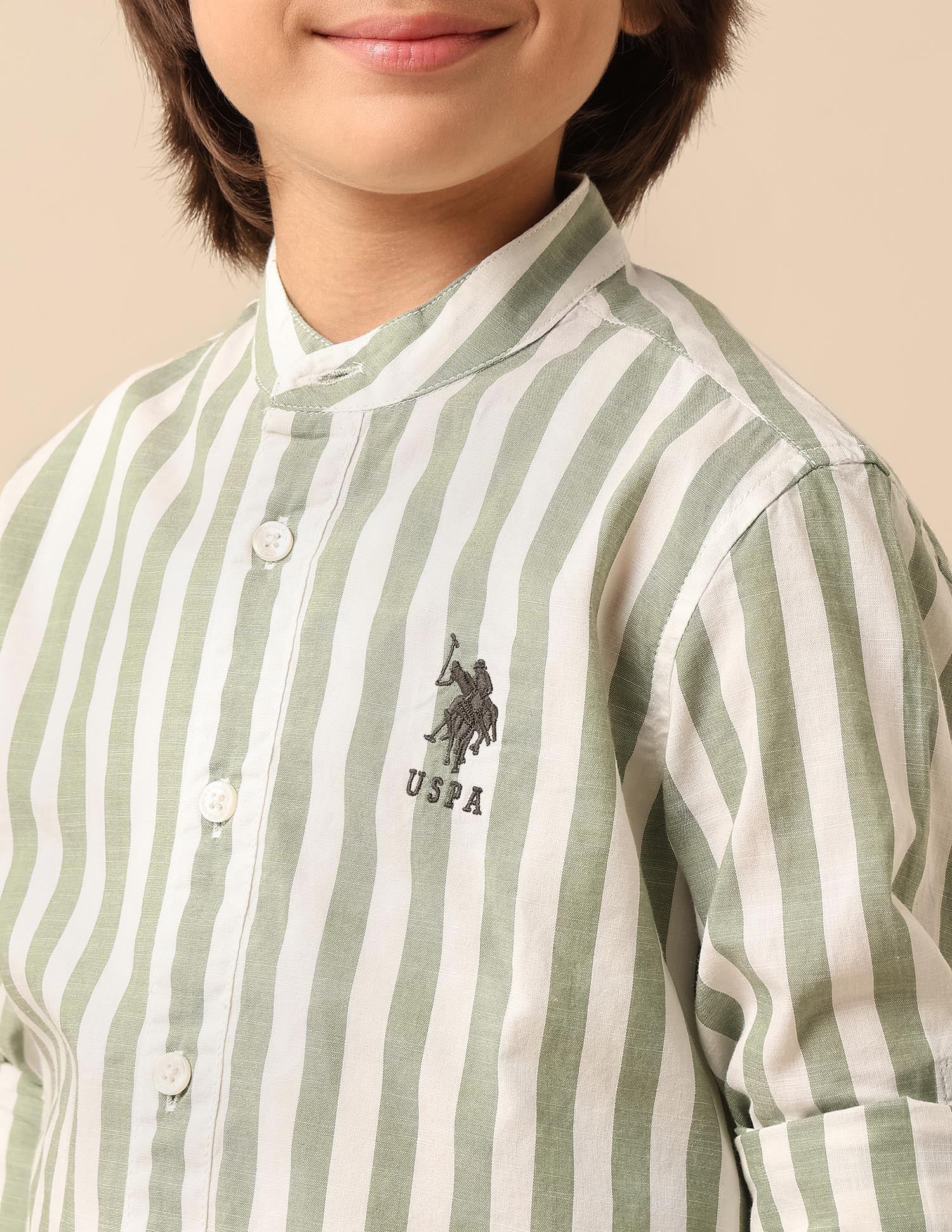 Boys Vertical Striped Mandarin Shirt - Image 6
