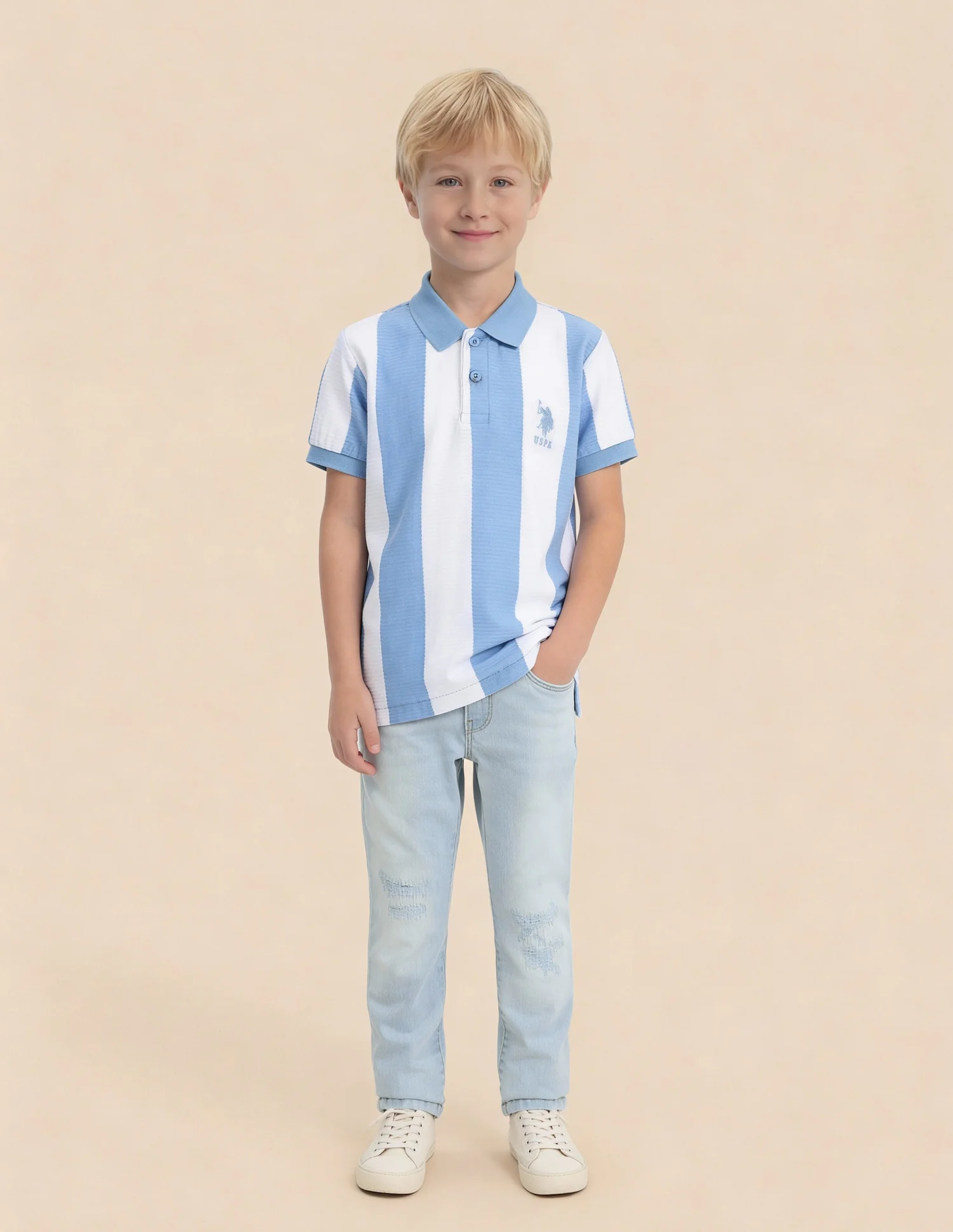 Boys Vertical Striped Regular Fit Polo Shirt - Image 3