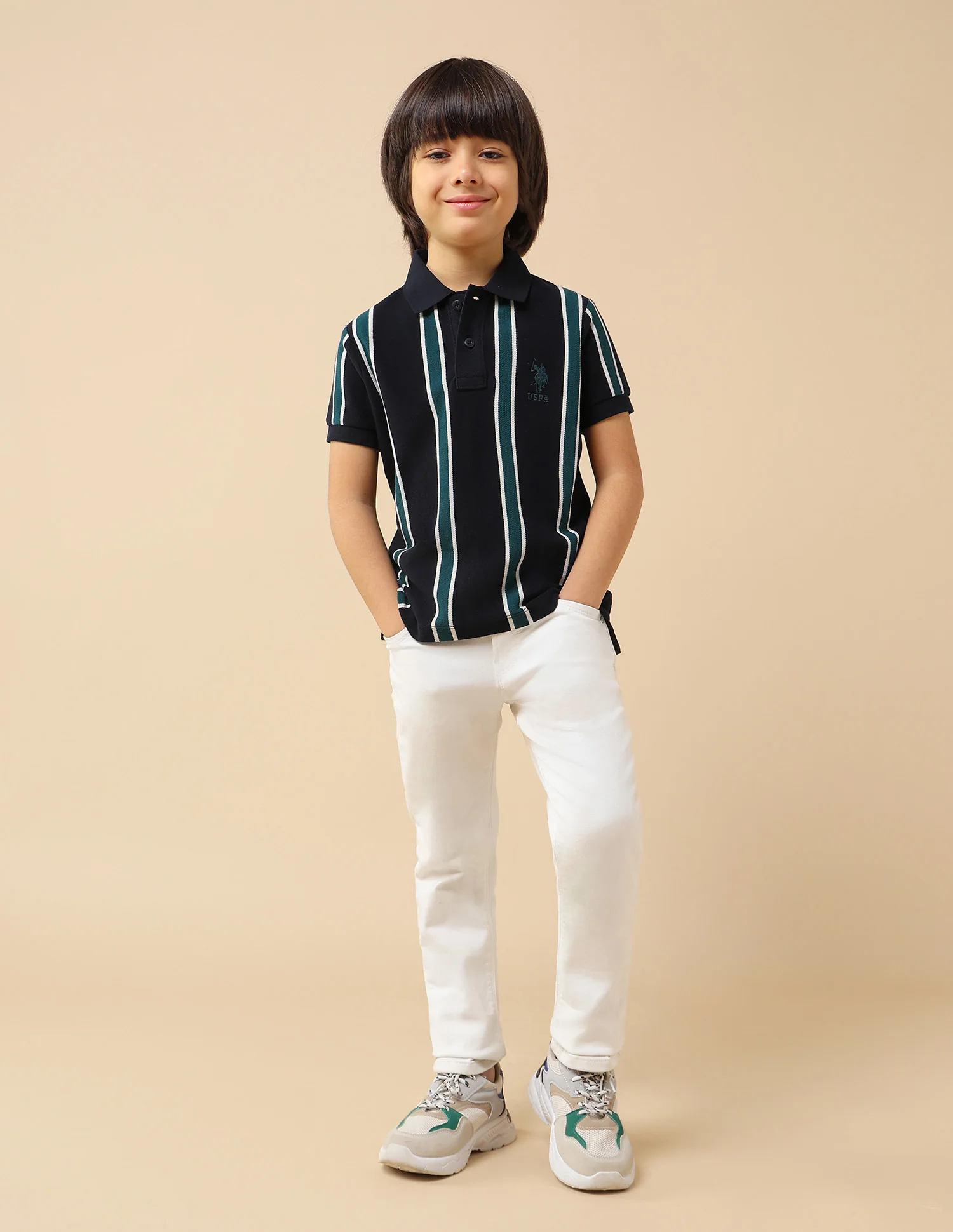 Boys Vertical Striped Regular Fit Polo Shirt - Image 3