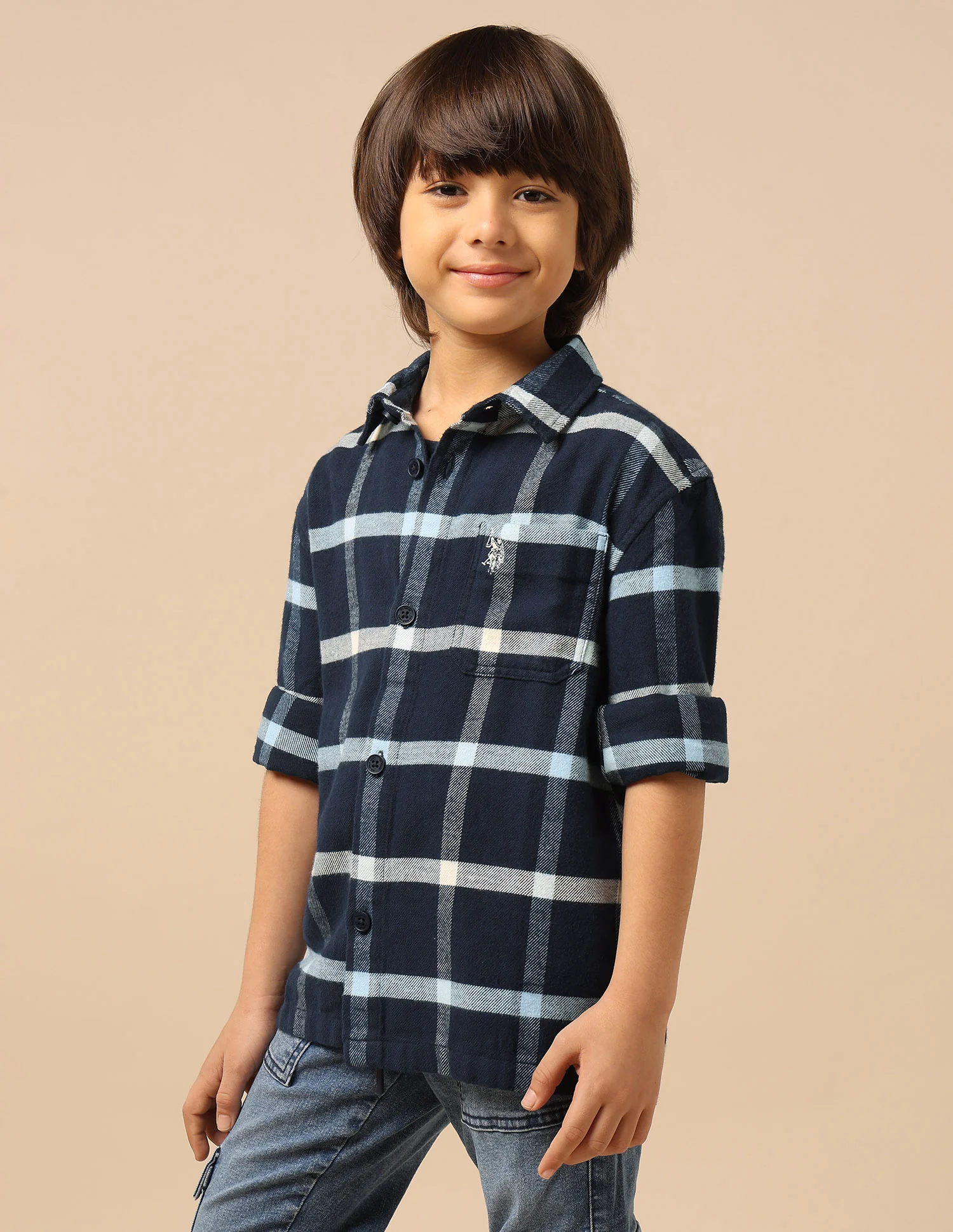 Boys Windowpane Checked Twill Shirt - Image 4