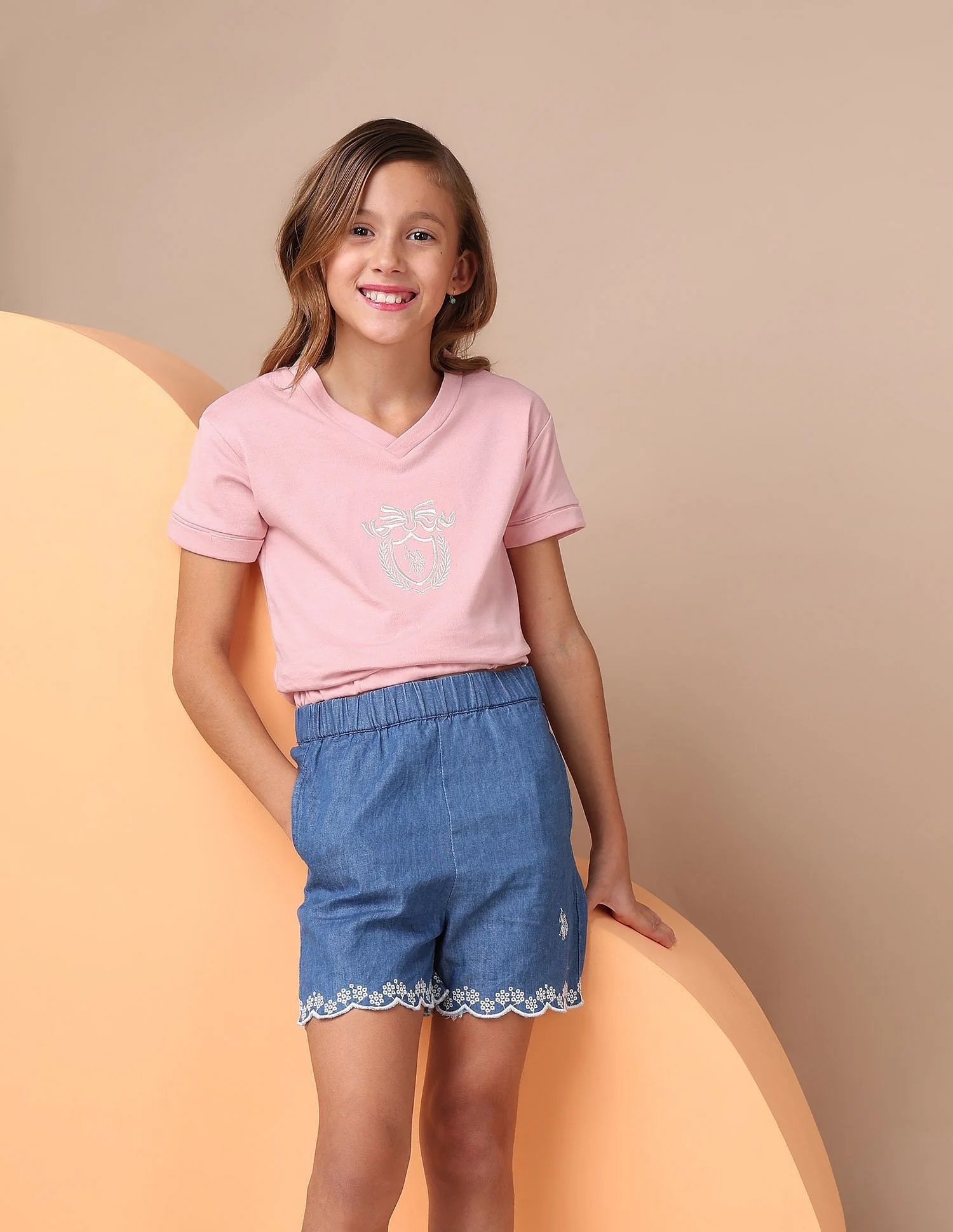 Girls Crest Embroidered Cotton T-Shirt