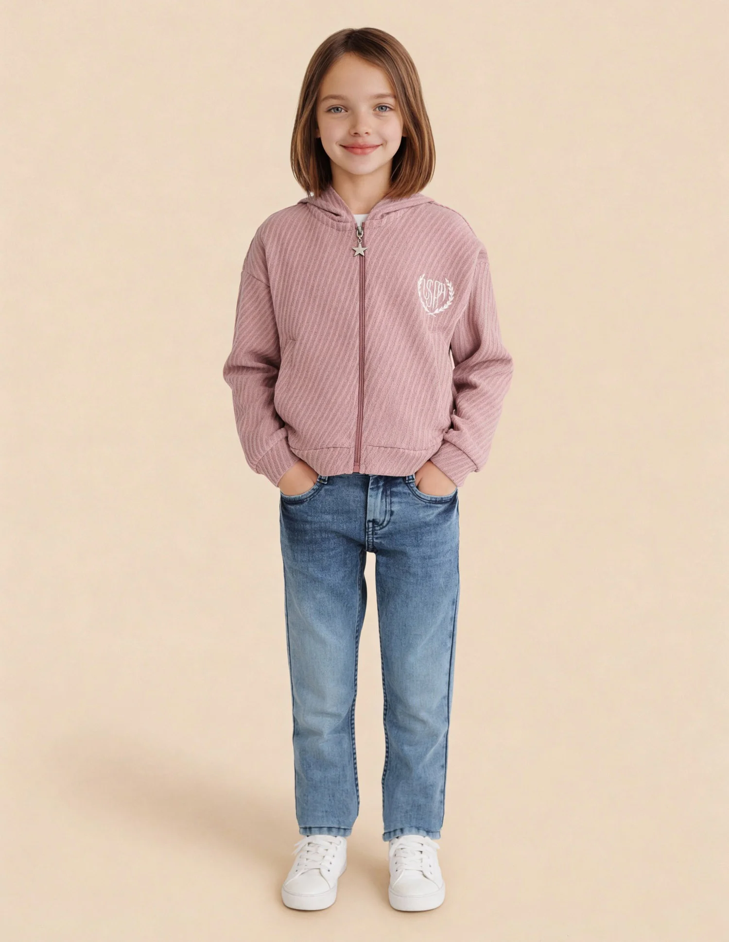 Girls Diagonal Striped Zipper Sweatshirt - Image 3