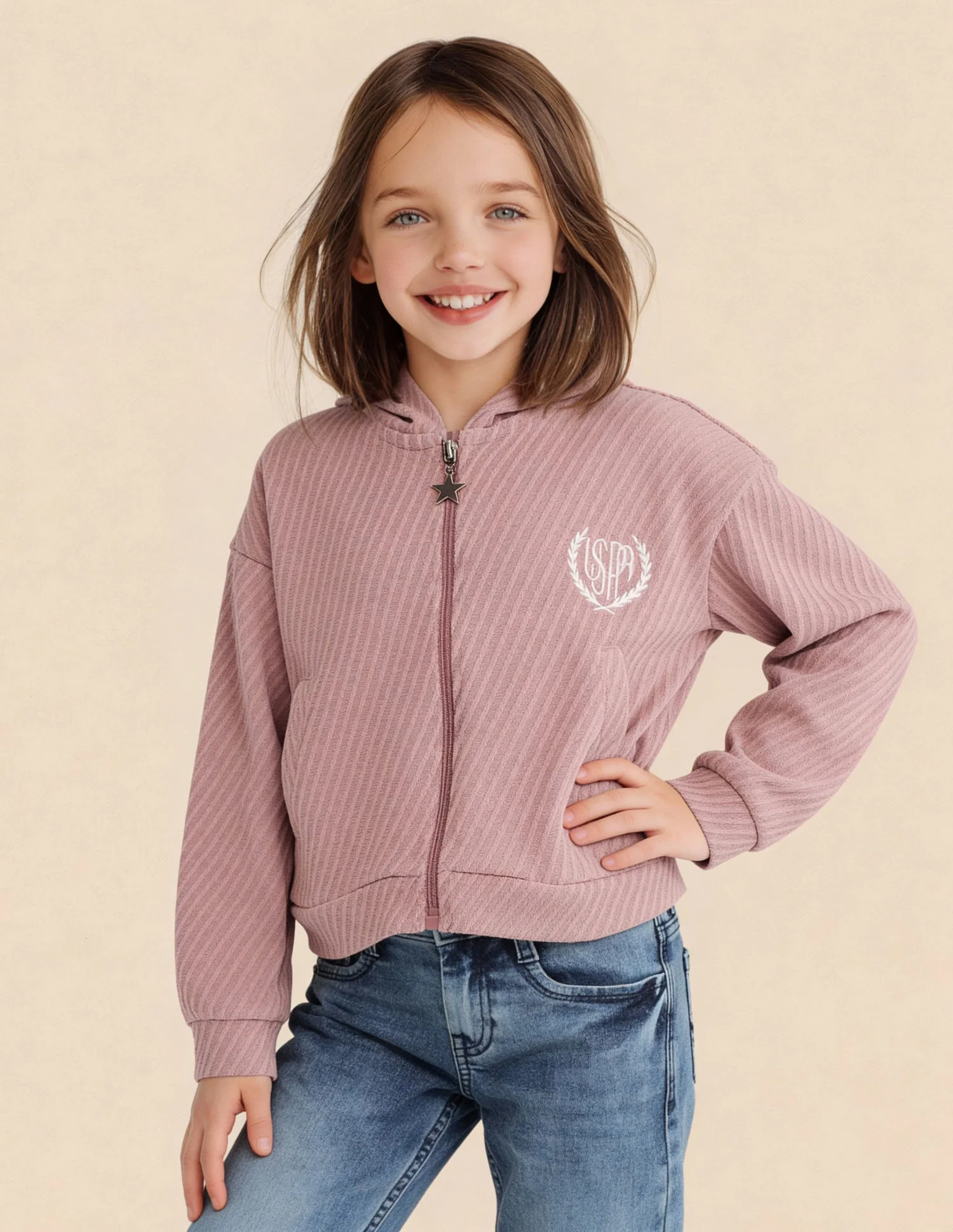 Girls Diagonal Striped Zipper Sweatshirt - Image 4