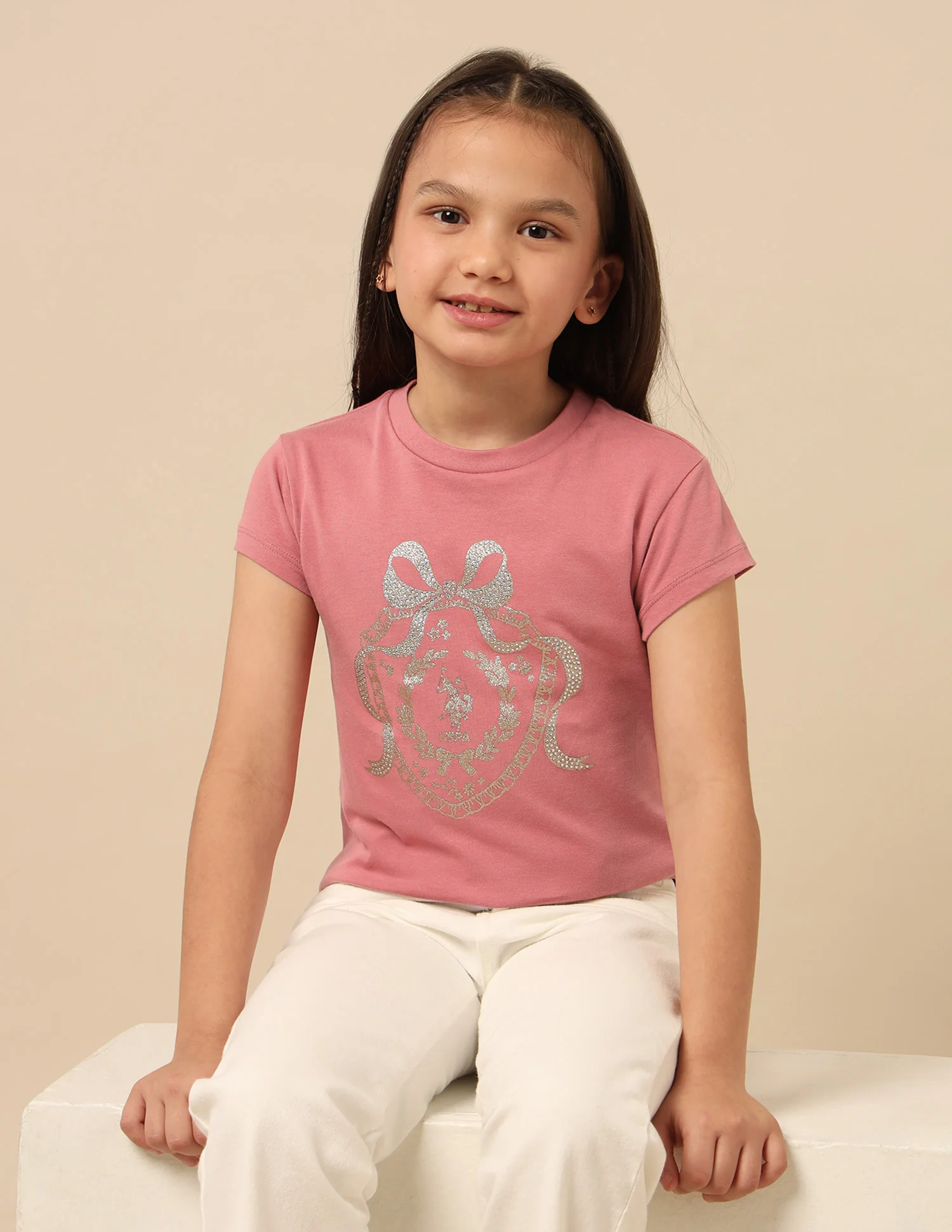 Girls Embellised Metallic Brand Printed Top