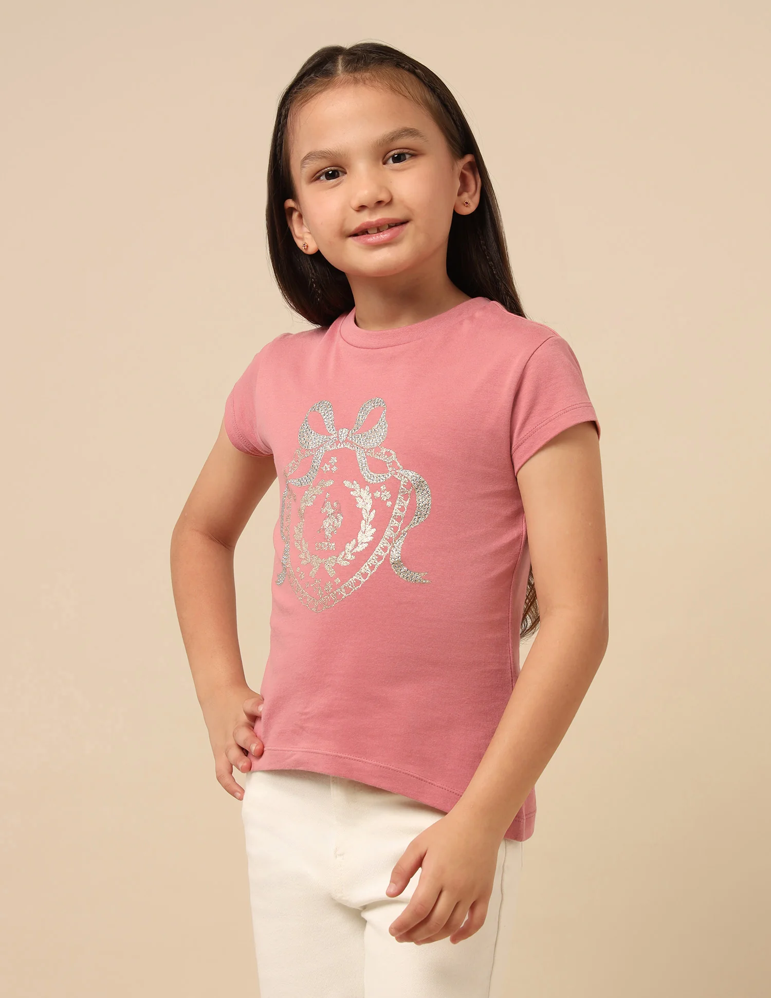 Girls Embellised Metallic Brand Printed Top - Image 4