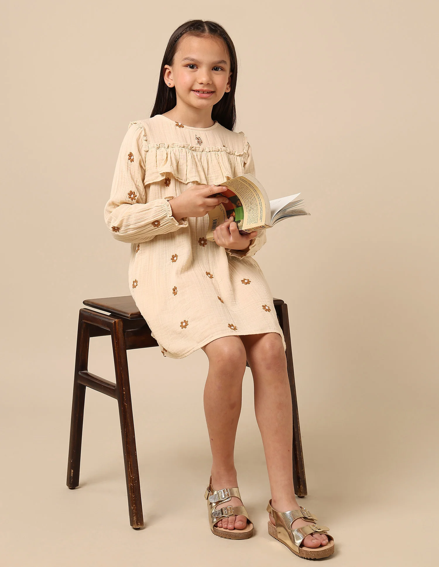 Girls Floral Embroidered A-Line Dress - Image 3