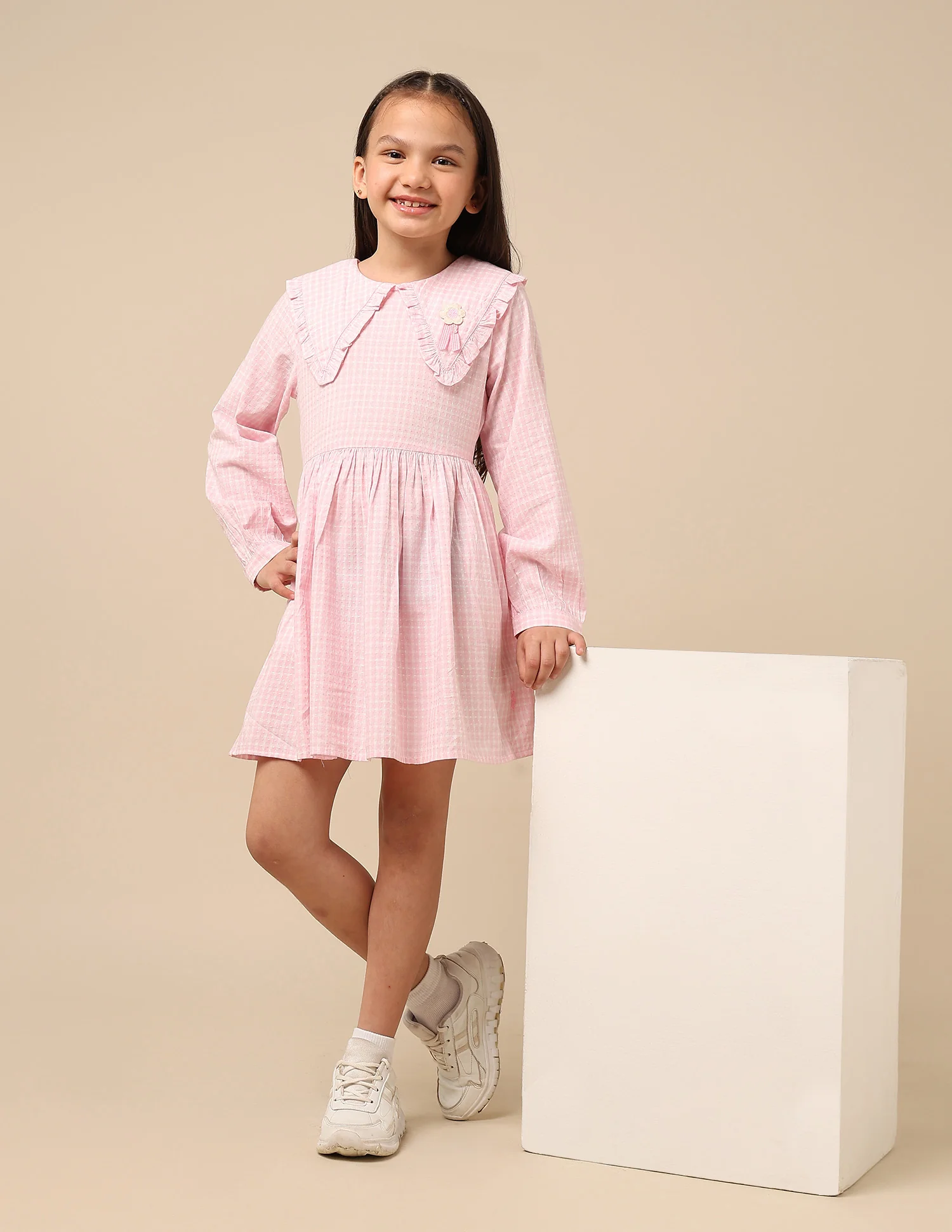 Girls Self Design Checked Shirt Dress - Image 3