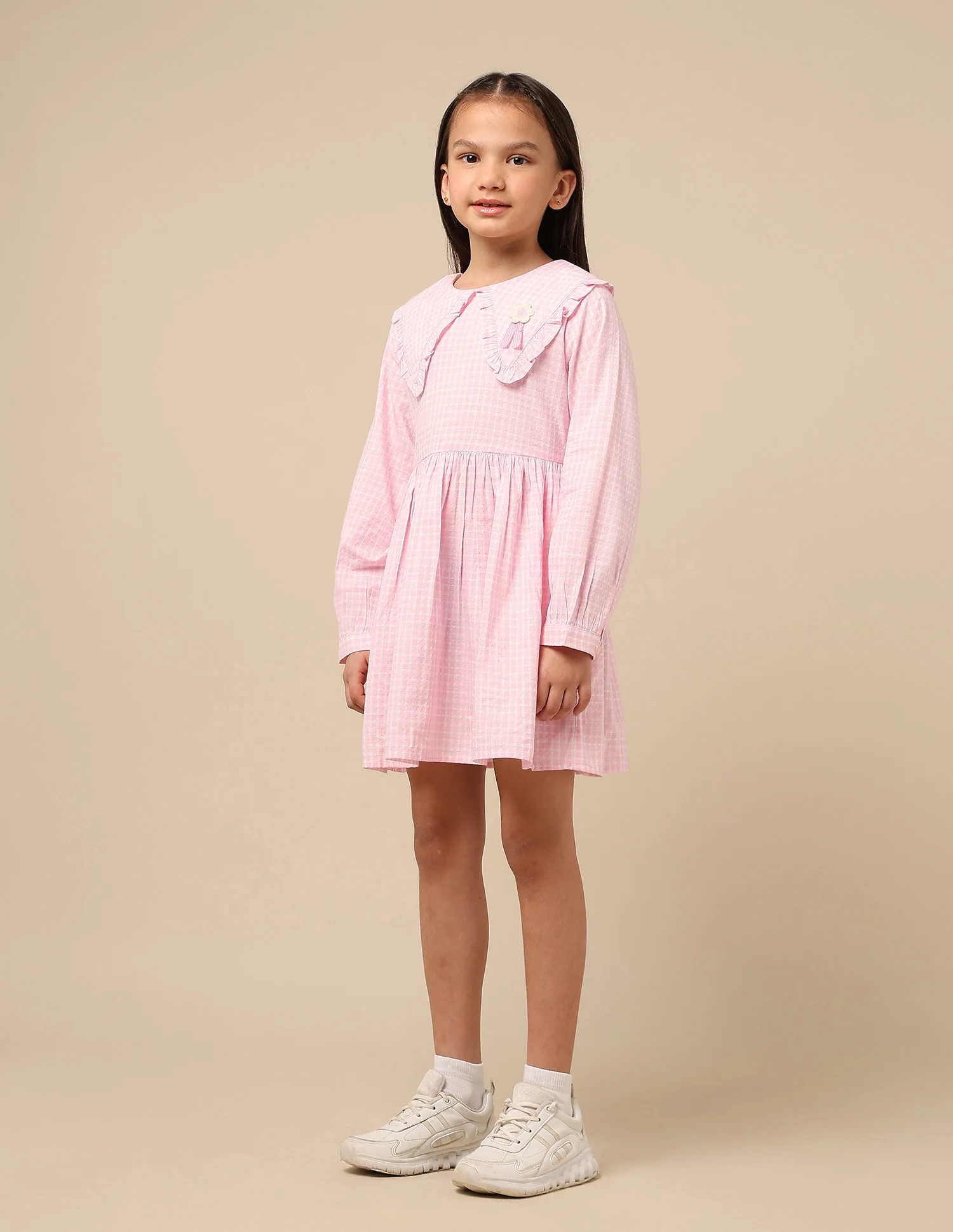 Girls Self Design Checked Shirt Dress - Image 4