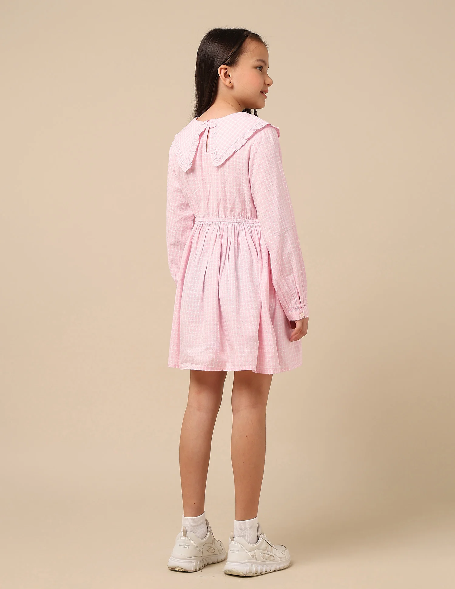 Girls Self Design Checked Shirt Dress - Image 5