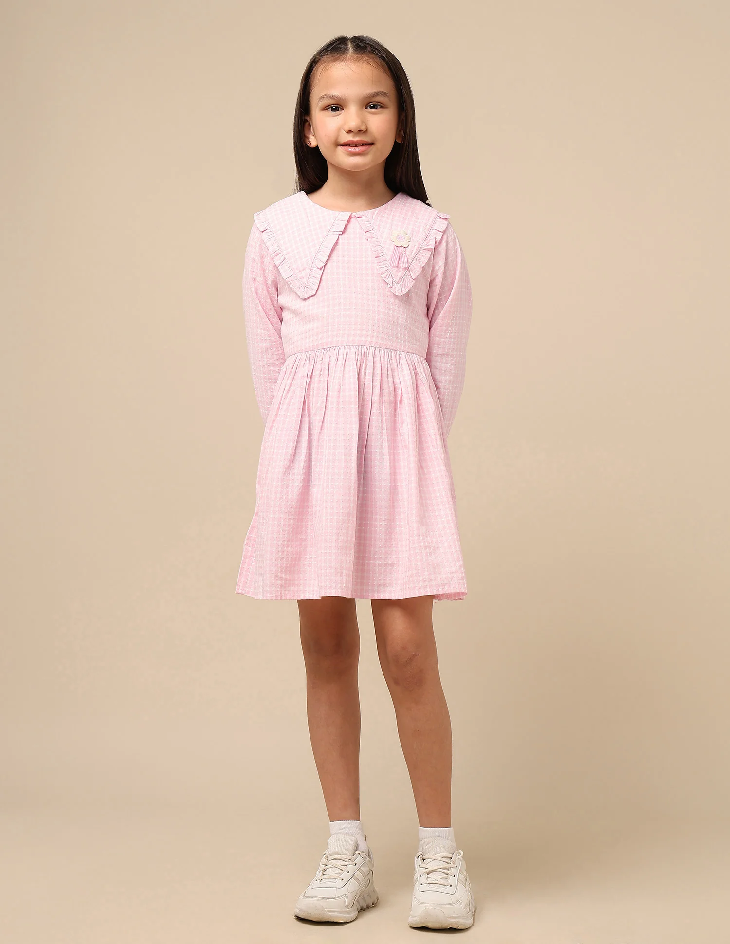 Girls Self Design Checked Shirt Dress - Image 6