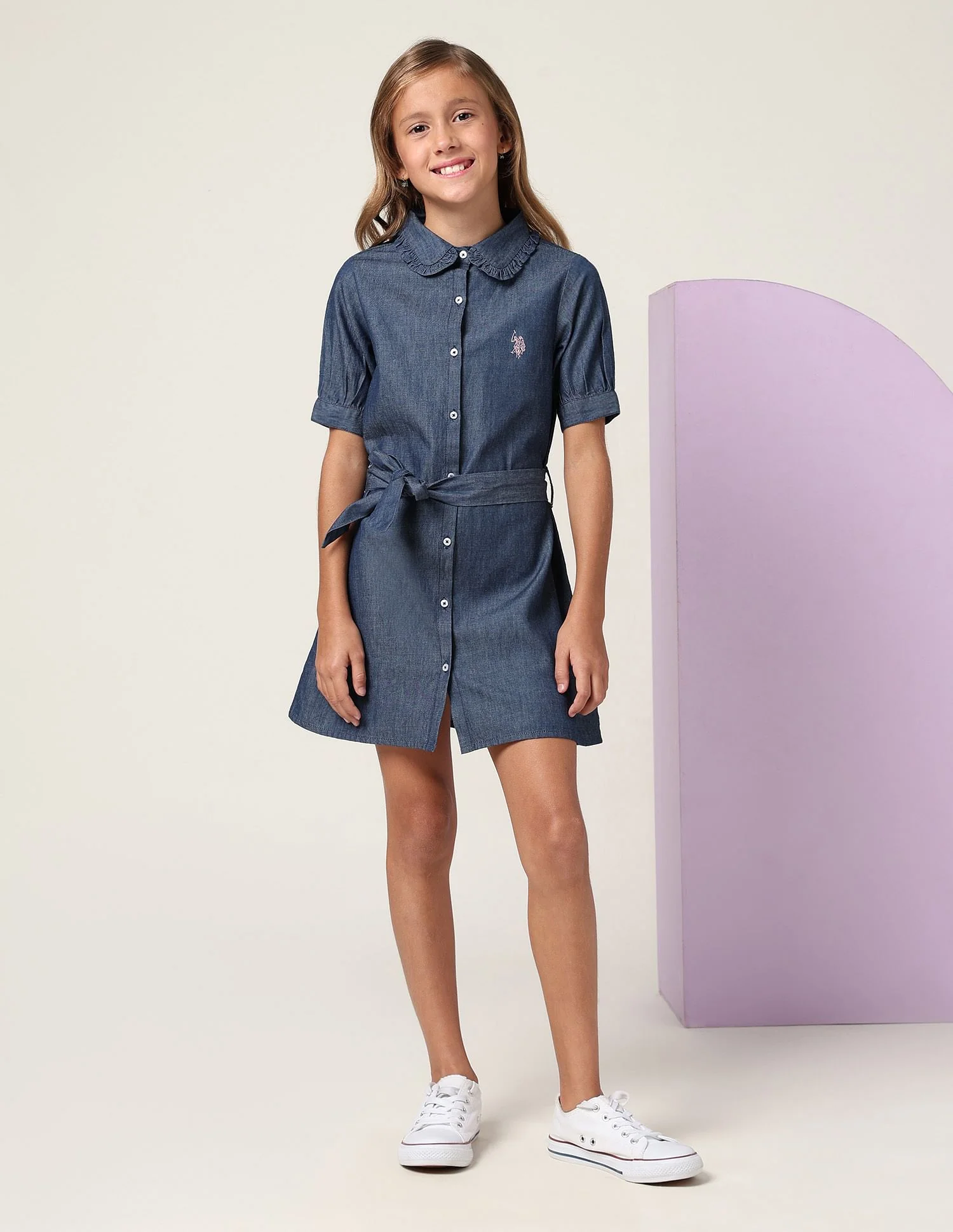 Girls Solid Denim Shirt Dress - Image 3
