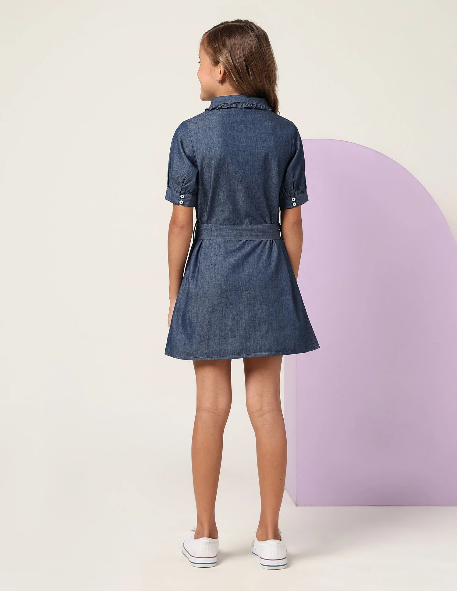 Girls Solid Denim Shirt Dress - Image 4
