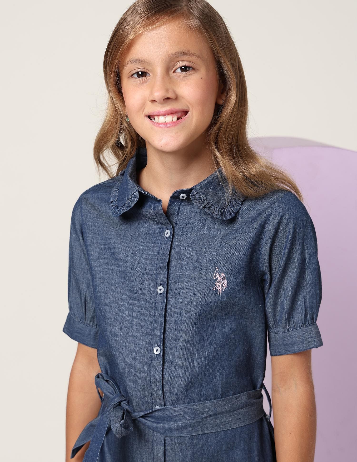 Girls Solid Denim Shirt Dress - Image 5