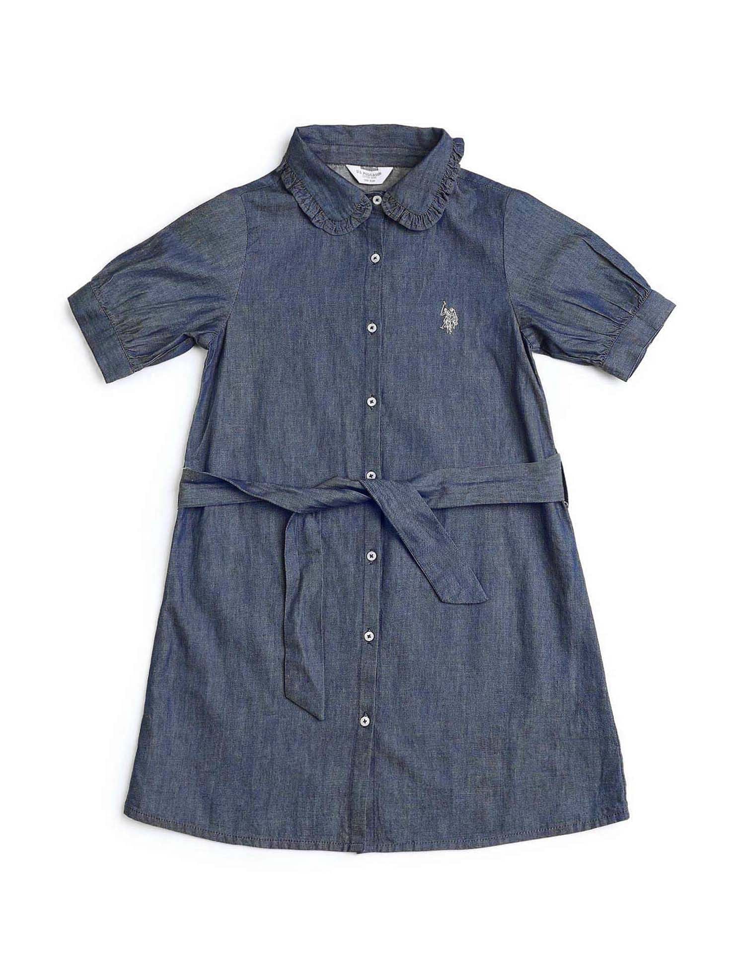 Girls Solid Denim Shirt Dress - Image 6