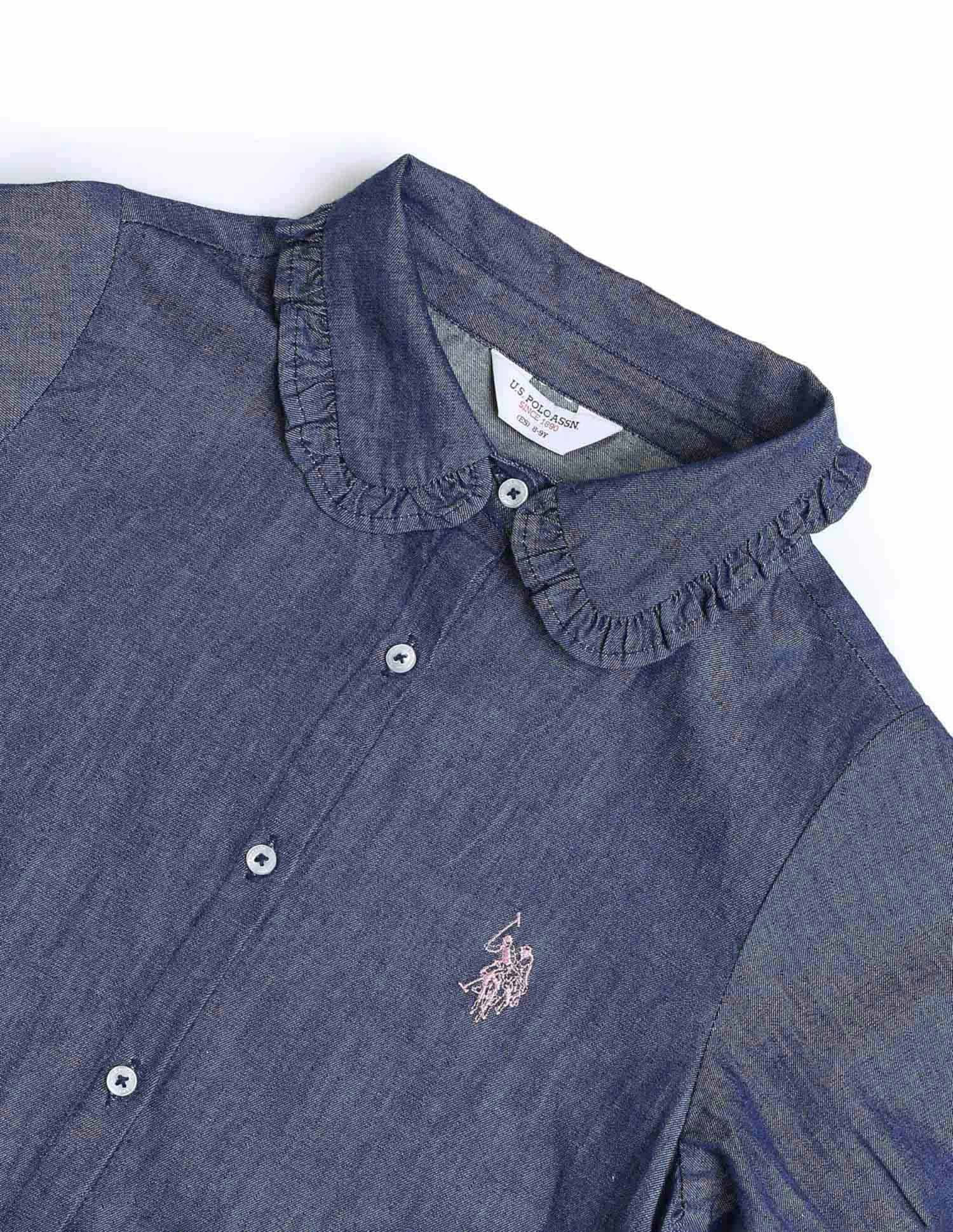 Girls Solid Denim Shirt Dress - Image 8