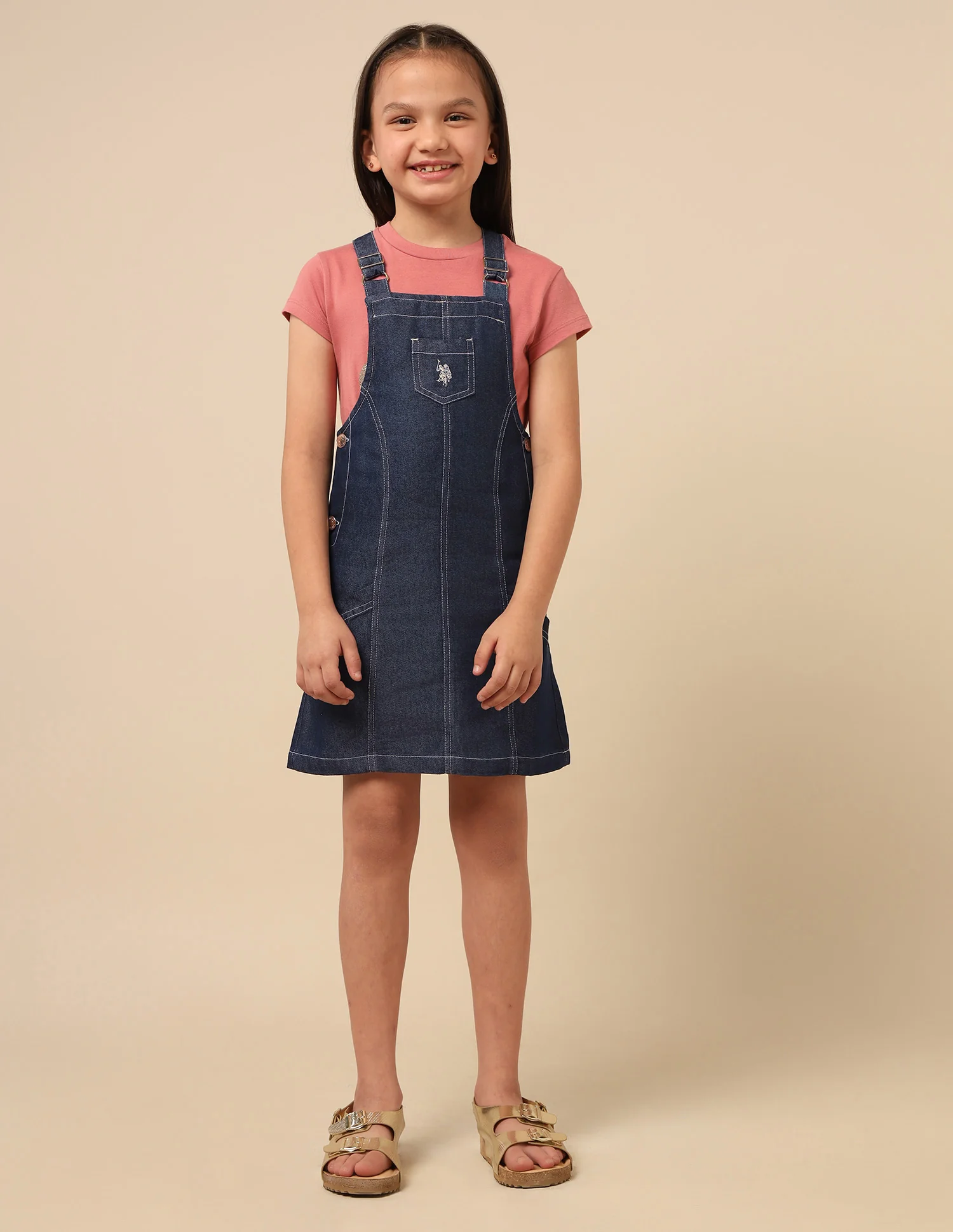 Girls Solid Dungaree Dress - Image 3