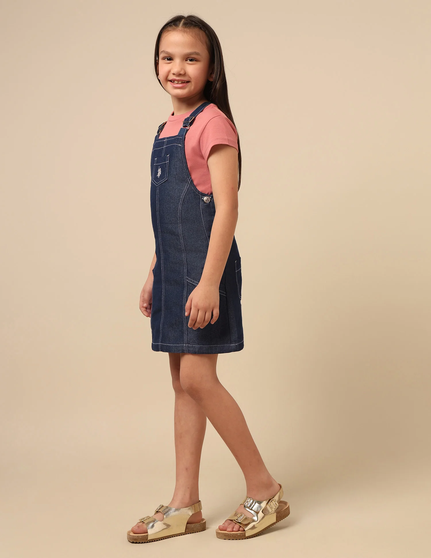 Girls Solid Dungaree Dress - Image 4