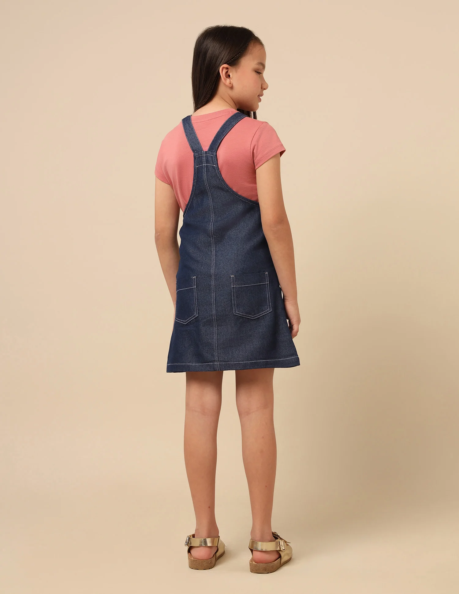 Girls Solid Dungaree Dress - Image 5