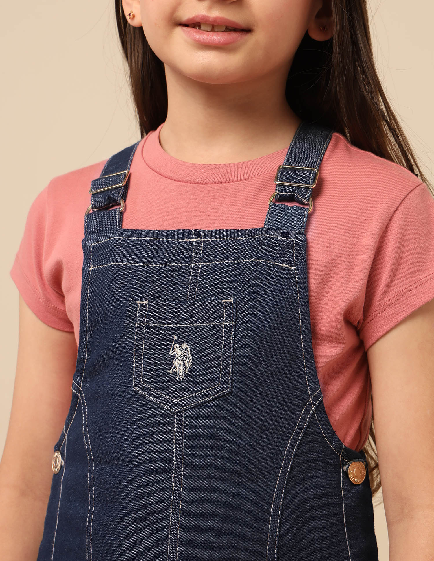 Girls Solid Dungaree Dress - Image 6