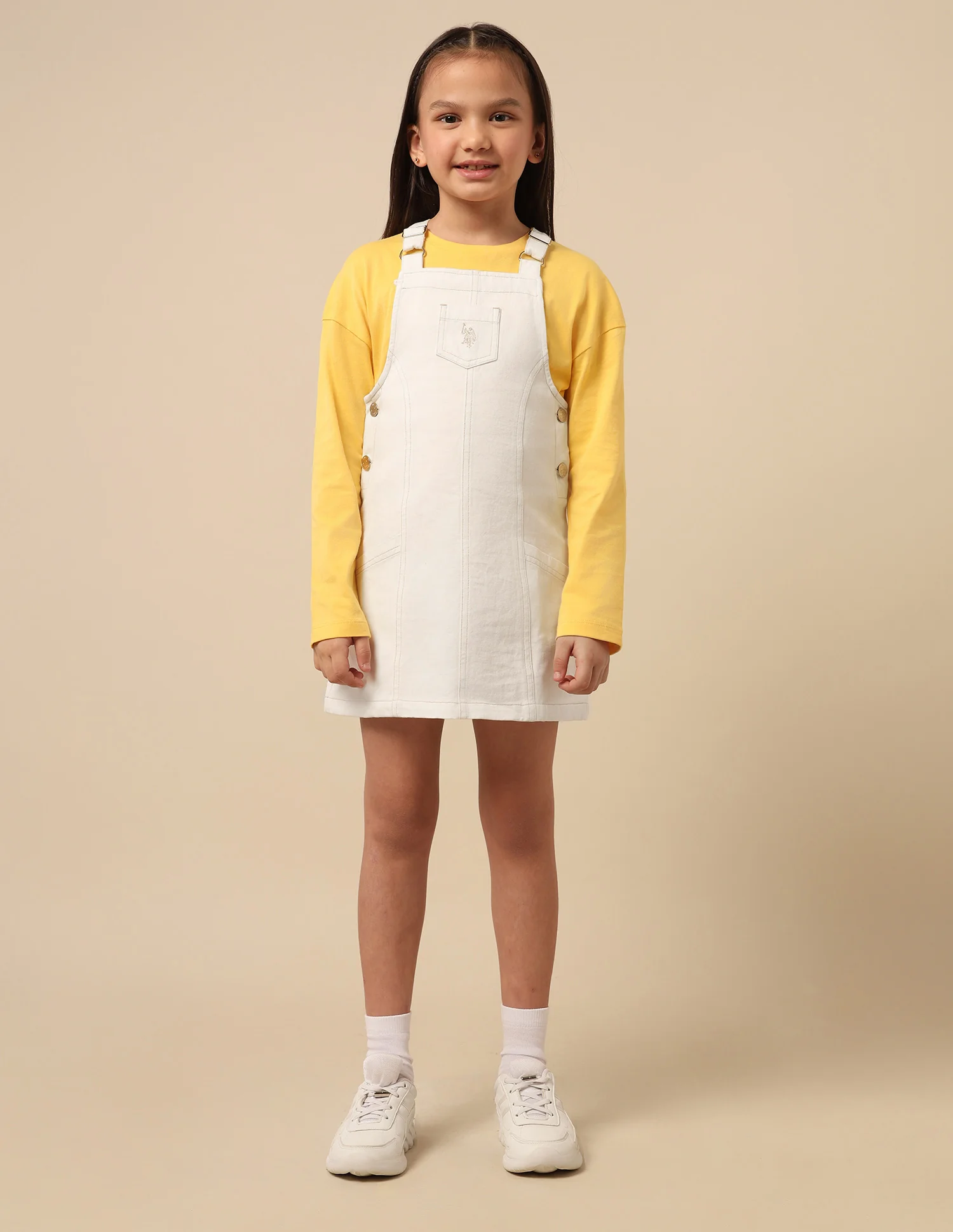 Girls Solid Dungaree Dress - Image 3