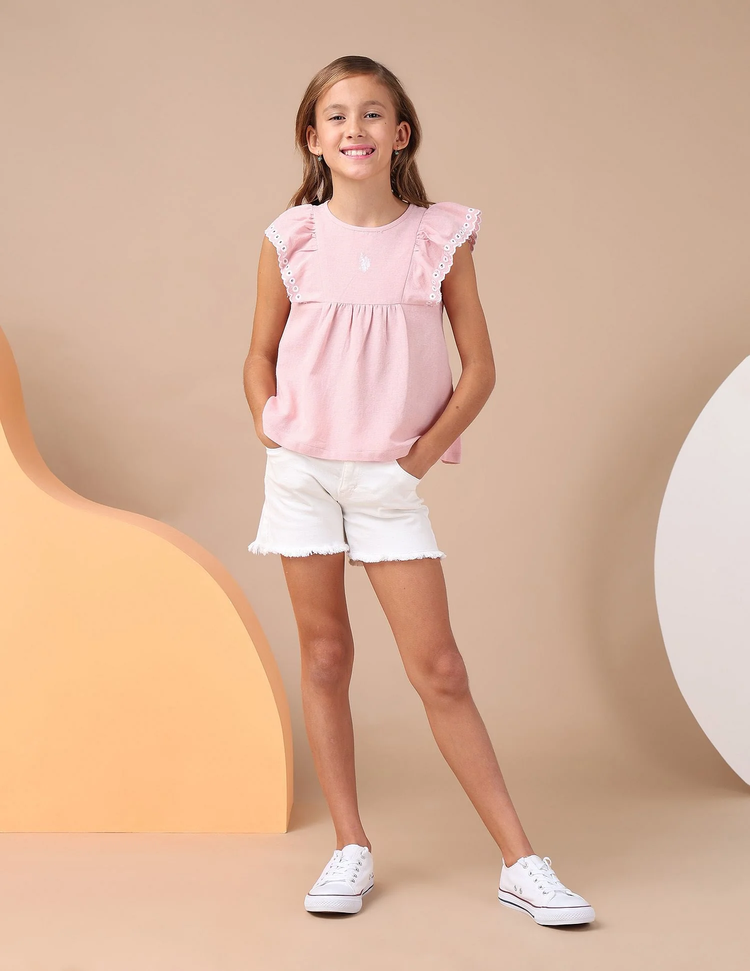 Girls Solid Embroidered Frill Top - Image 3